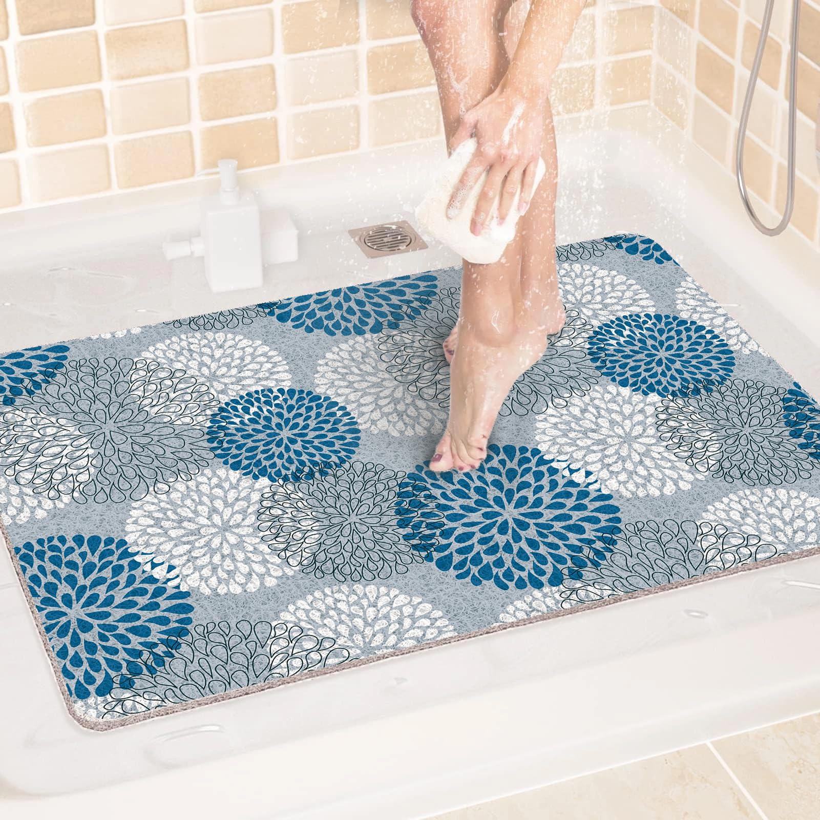 Shower Mat Non Slip, 120x140cm Loofah Shower Mats for Inside, Soft PVC Bath Mat with Drain for Elderly, Washable Bathtub Pad for Bathroom Wet Shower Areas, Quick Dry, White Blue