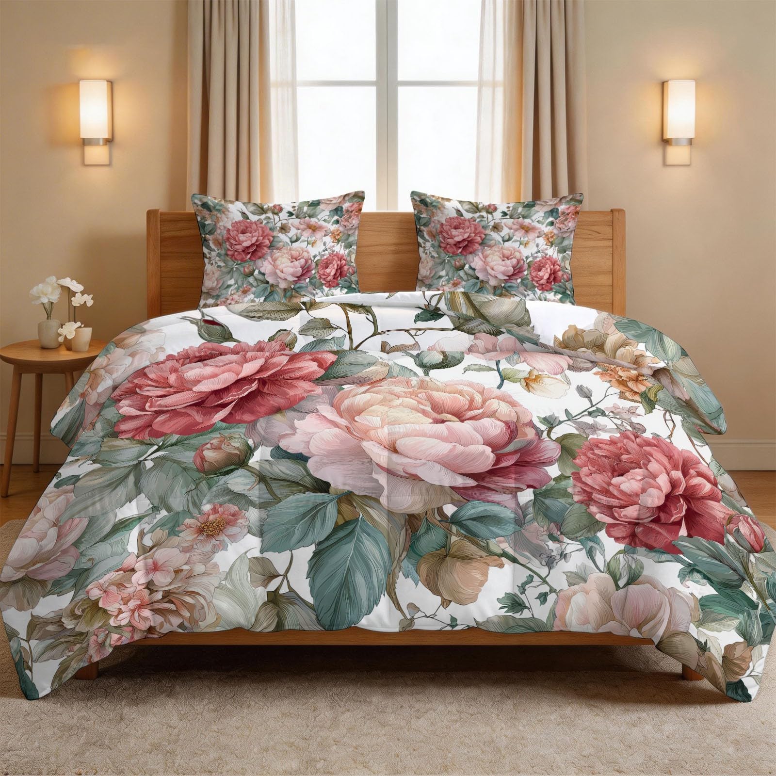 Bettdecke Französisch Romantisch Blumen Steppdecke 155 x 220 cm für Teenager, Pfingstrose Zweig Blatt 4-Jahreszeiten Warme Weiche Bettdecke Einzelbett, 1 Steppdecke ohne Bezug mit 2 Kissenbezügen