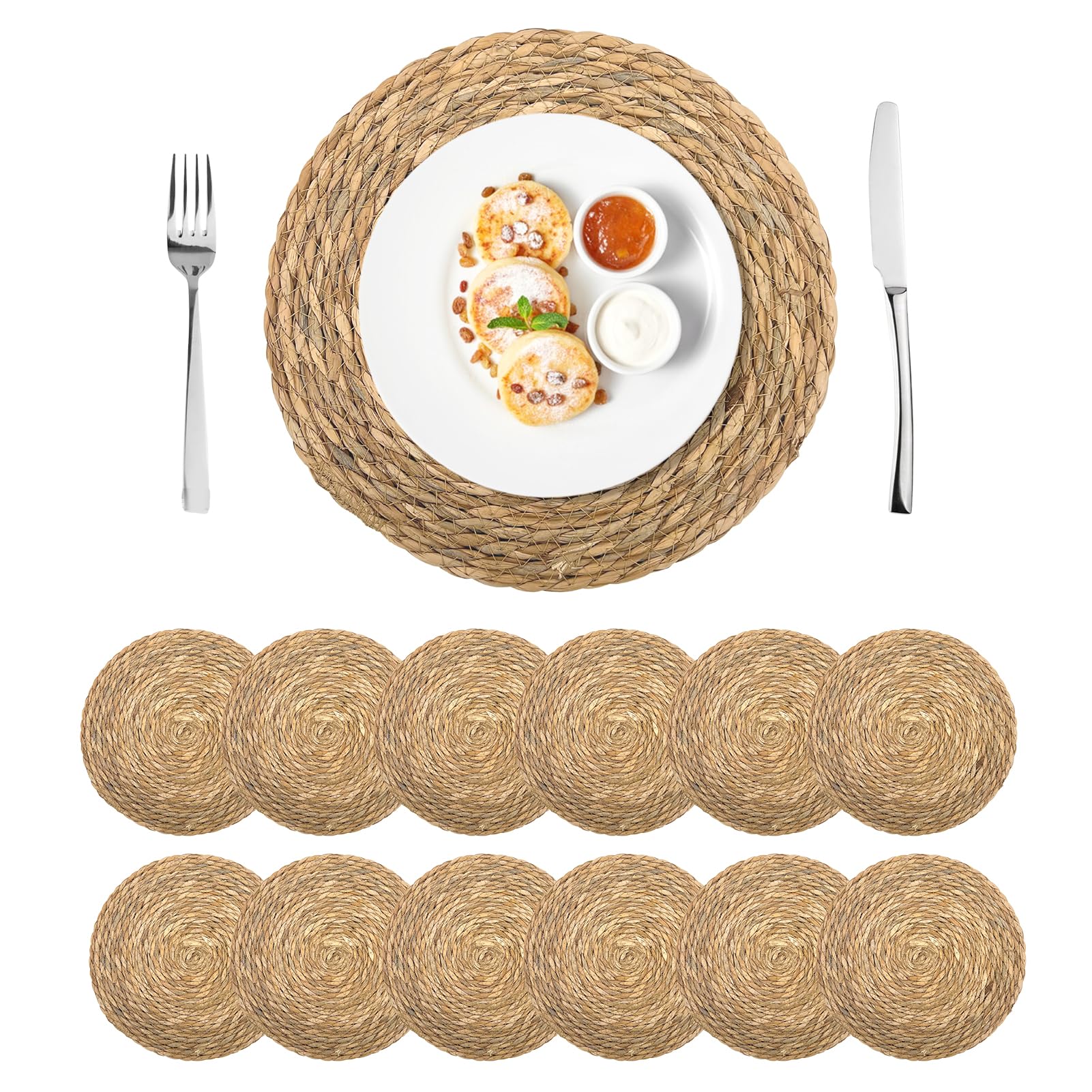 Set of 12 Round Woven Placemats, 30cm Natural Wicker Table Mats