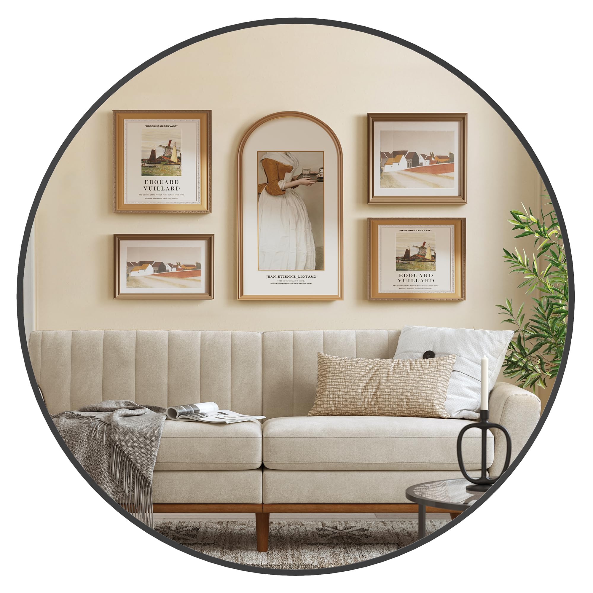 SONGMICS Round Mirror, 91 cm Bathroom Mirror for Wall, Metal Frame, Easy to Install, Modern Wall Mirror for Bathroom, Living Room, Bedroom, Entryway, Hallway, Ink Black LWM105B01