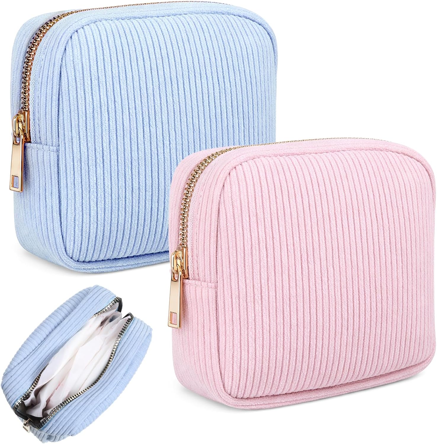 ElevateTech Period Bag for Women, 2 Pcs Corduroy Tampon Holder for Purse Portable Sanitary Napkin Storage Bag Travel Menstrual Pad Pouches Period Pad Pouch Feminine Products Organizer, Pink & Blue