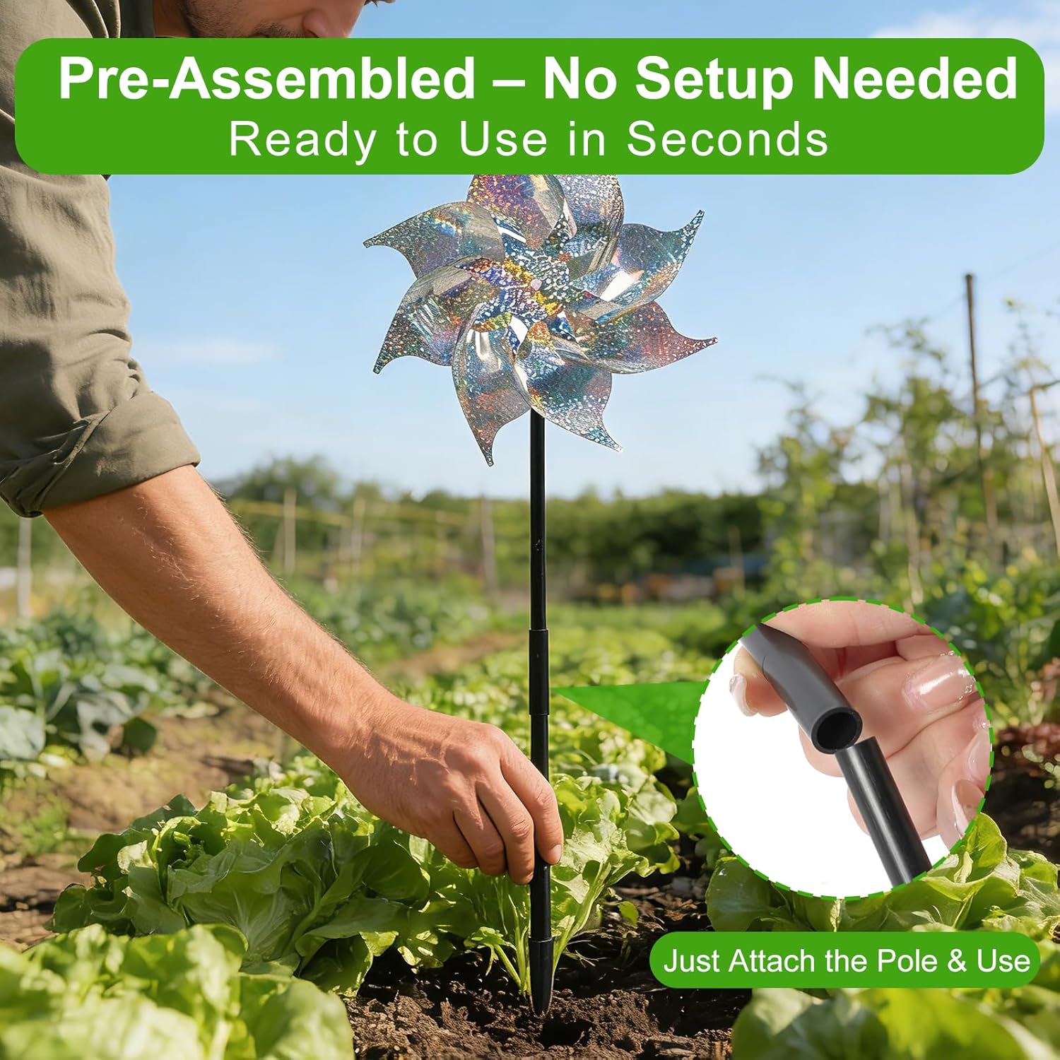 Reflective Pre-Assembled Bird Pinwheels, 24 Pack Foil Bird Scare Wind Spinners with Stakes for Outdoor Yard, Garden, Patio, Farm and Orchard to Keep Birds and Animals Away