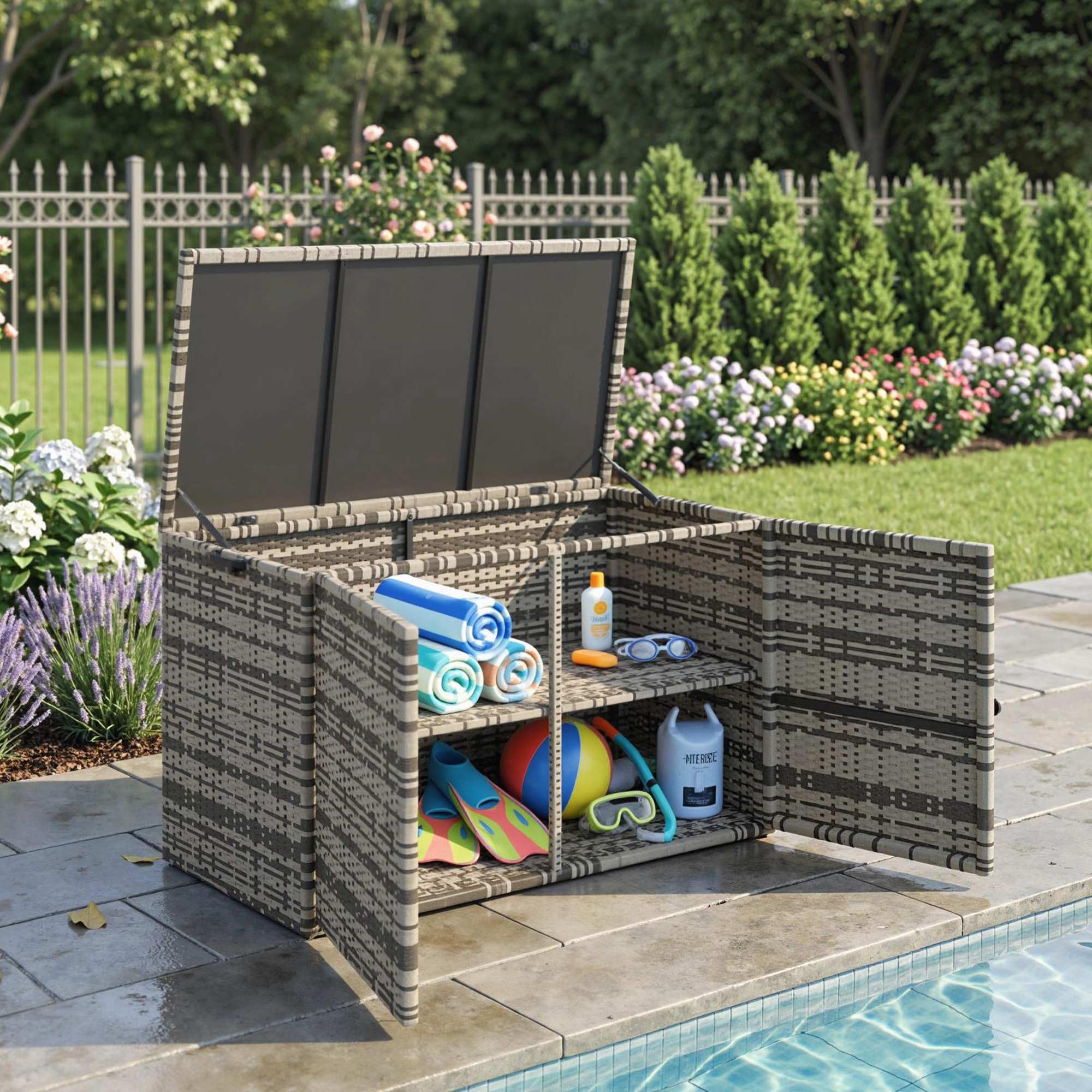 Outsunny Rattan Auflagenbox 350L 2-Ebenne wetterfest Kissenbox mit Deckel Hebestangen Tragegriffe UV-beständig Gartenbox Aufbewahrungsbox Gartentruhe für Garten Terrasse Balkon 118x57x69 cm Mischgrau