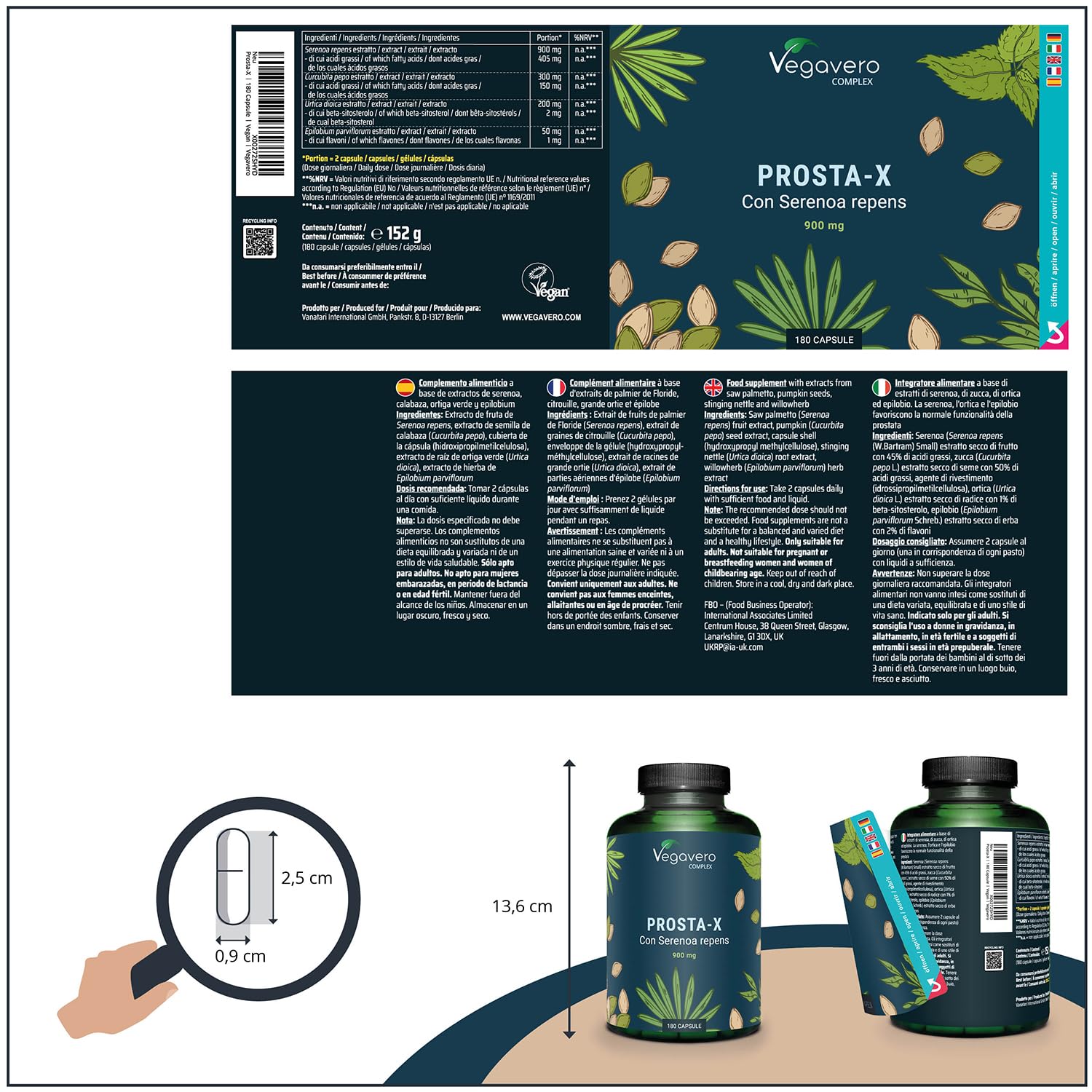 Serenoa Repens 900 mg | 180 capsule (3 Mesi) | Saw Palmetto, Epilobio, Ortica e Zucca | Integratore Prostata Uomo | Prodotto e Testato in Germania | Altamente Dosato | Vegavero®