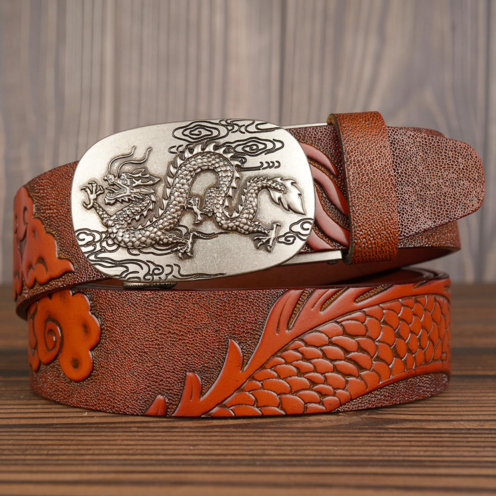 Cinturón De Trinquete para Hombre Longitud Ajustable Full Grain Suave Cinturones De Cuero De Vaca Genuino con Hebilla Automática Filigrana Dragón Tallado(120cm/47, Brown)