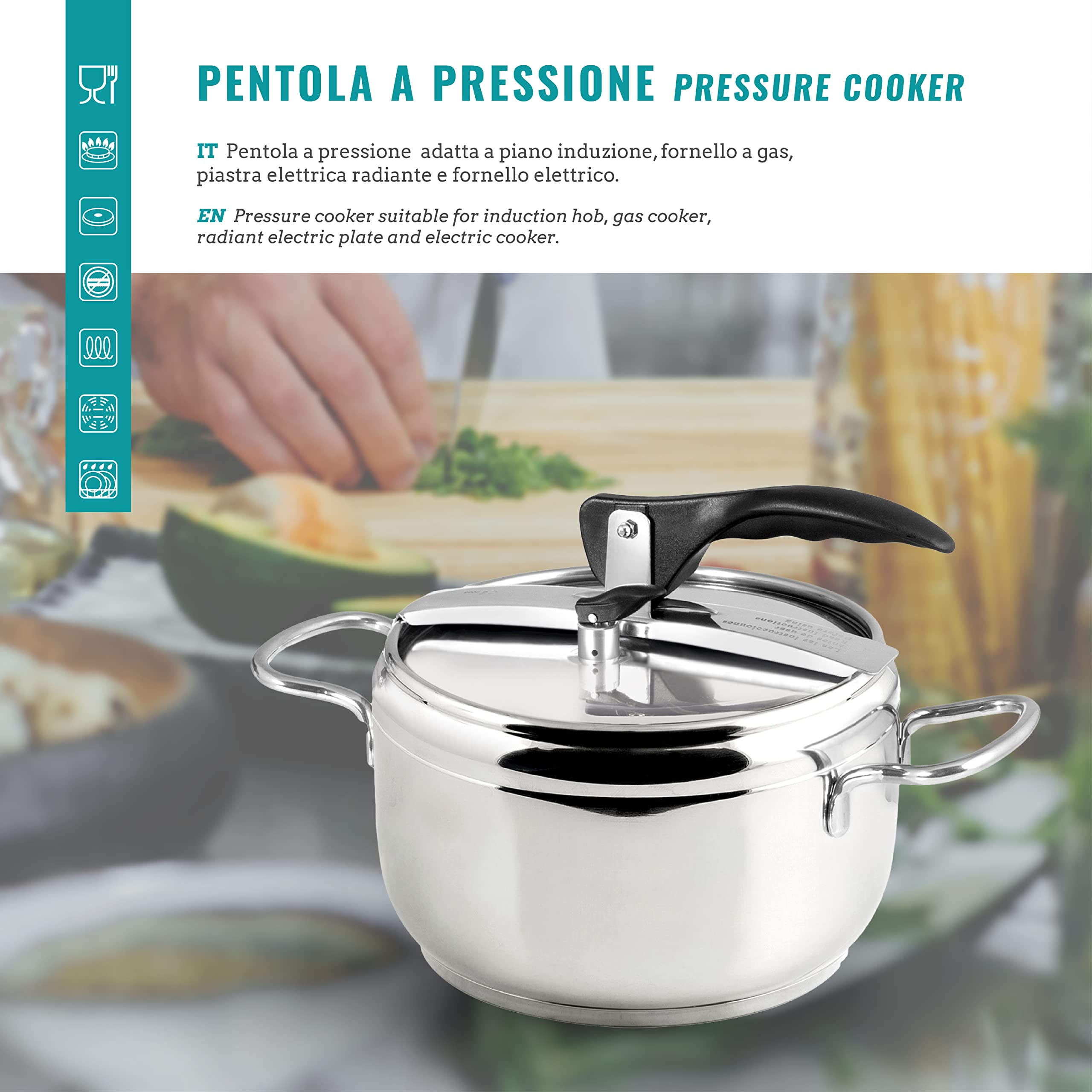 Olla a presión, Acero Inoxidable, Capacidad 5 L, Triple Fondo, Apta para Todas Las Superficies de Cocina, incluida la inducción, Cocina rápida y Ahorro de energía, Lavable en lavavajillas