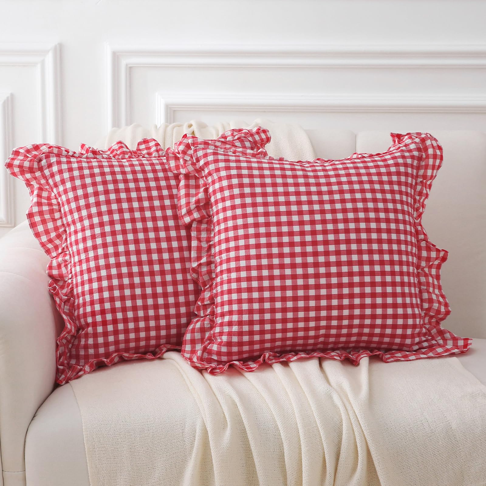 Photo 1 of 2 Pack Red White Plaid Ruffle Gingham Throw Pillow Covers, 100% Washed Cotton French Country Rustic Vintage Decorative Bed Pillow Shams - 18"x18"
