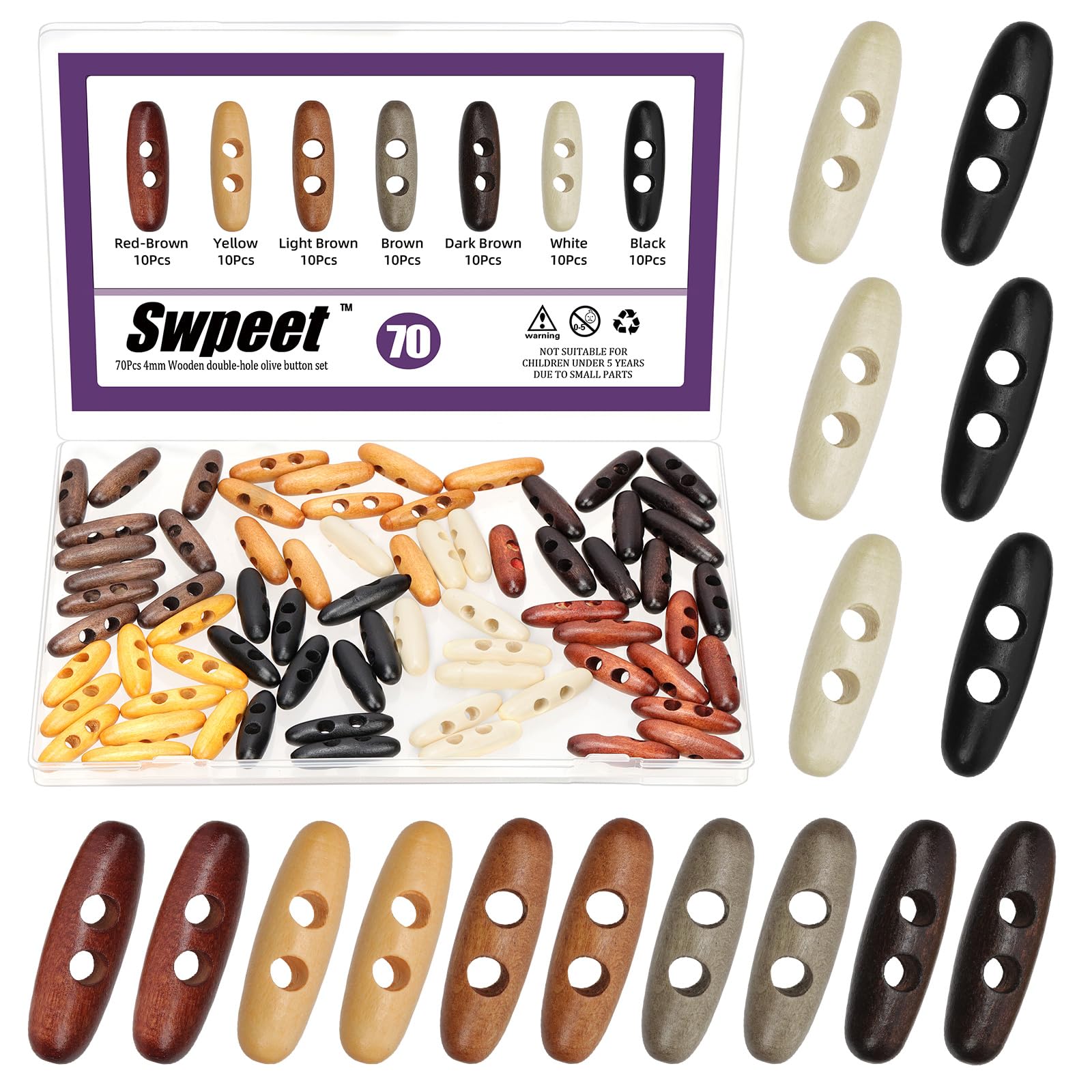 Swpeet 70Pcs 7 Colors 5.5mm Hole Wood Horn Toggle Buttons Assortment Kit, Olive Shape 2 Holes Toggle Buttons, Craft Wooden Sewing Button, DIY Accessories Vintage Oval Buckle for Clothing Scrapbooking