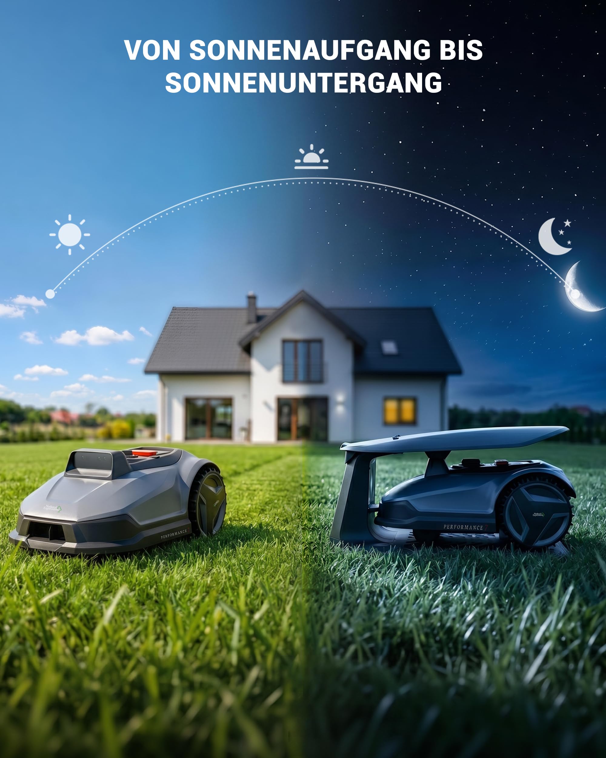 Natural Expressions Performance 7 Mähroboter ohne Begrenzungskabel mit Garage, 500m² Rasenmäher kein RTK mit Vision 3.0 KI-Navigation, 5-Min-Installation, Hindernisvermeidung, Igelschutz