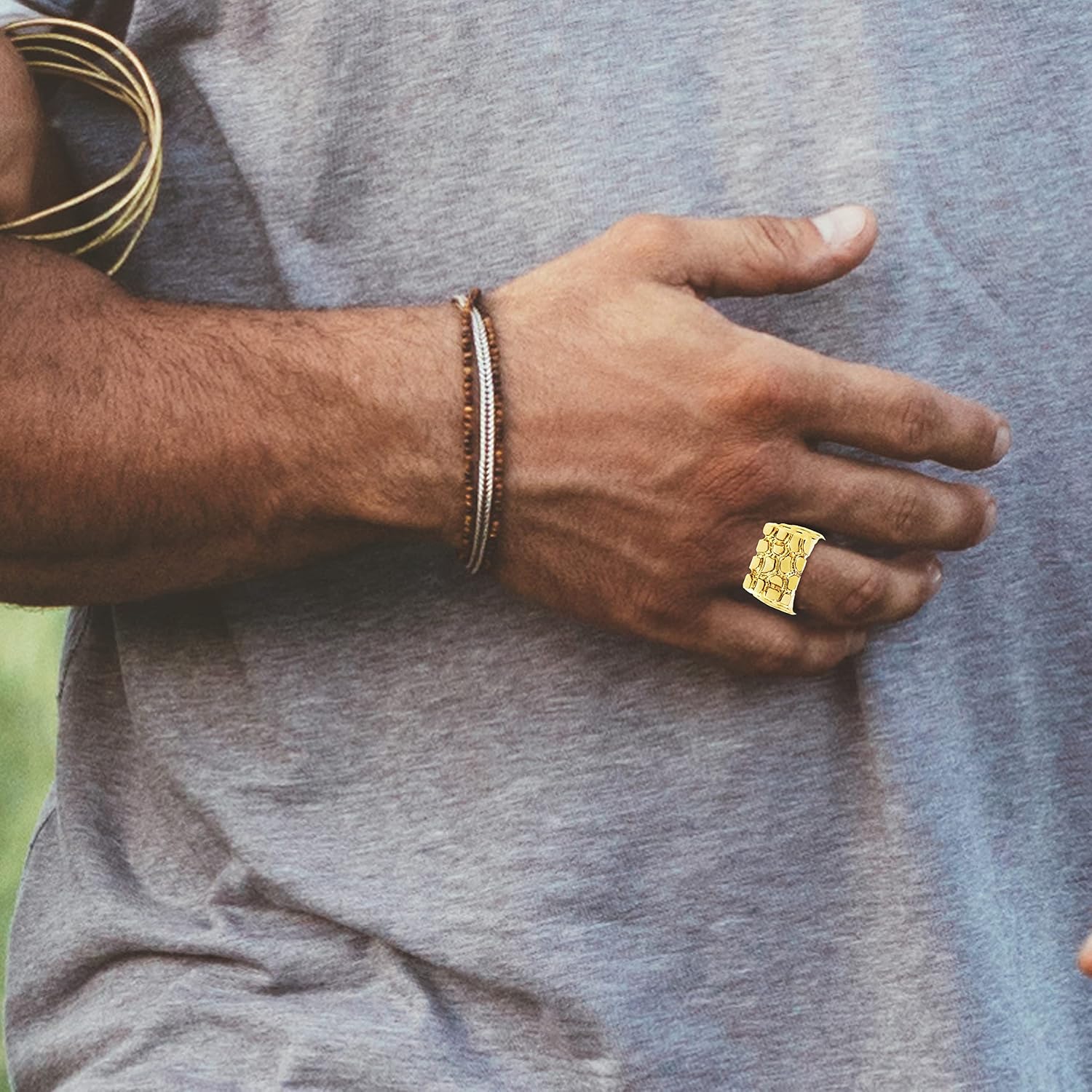 14K Yellow Gold 2/3" ‘The Armour’ Men’s Nugget Style Rectangular Tapered Band Statement Ring