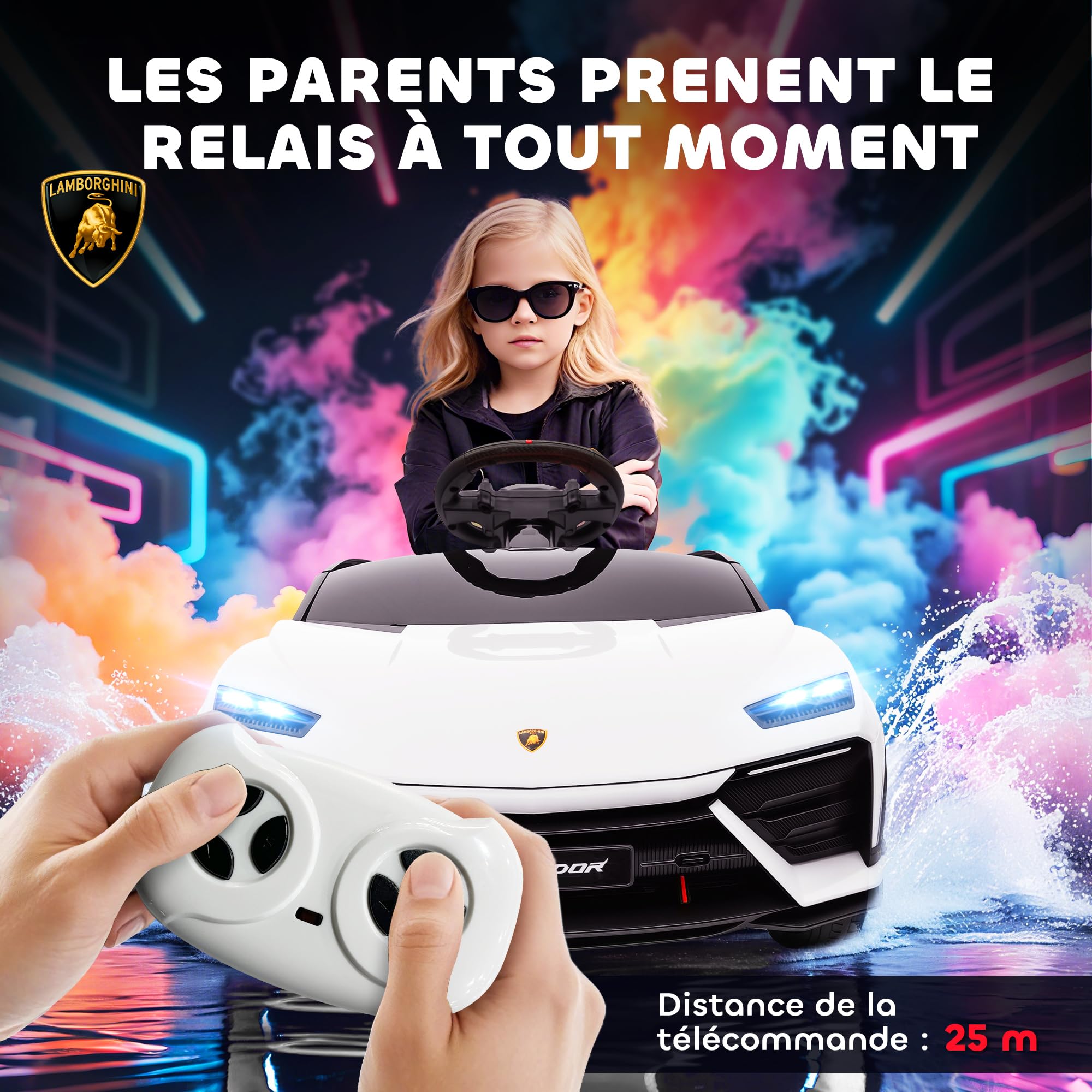 AIYAPLAY Voiture Électrique Enfant Lamborghini 12V Vitesse 4 km/h Blanc | Télécommande 2,4G, 2 Moteurs, Véhicule Électrique avec Phares LED, MP3, Klaxon