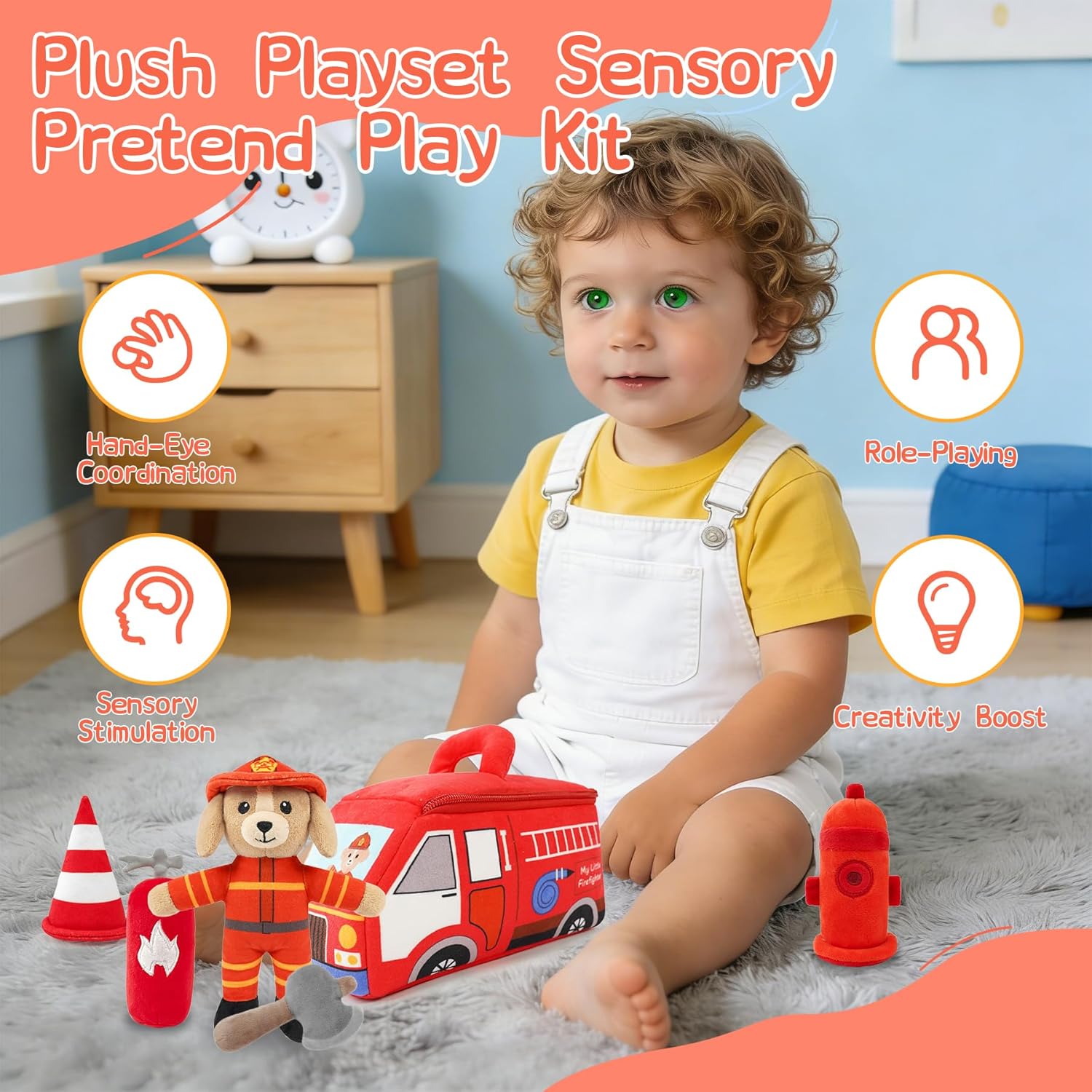 Stuffed Plush Firefighter Kit for Baby Toddler, 6-Pcs My Little Playset, Sensory Pretend Play Toy with Fire Truck/Dog Firefighter/Extinguisher, Boy Girl Infant Gifts