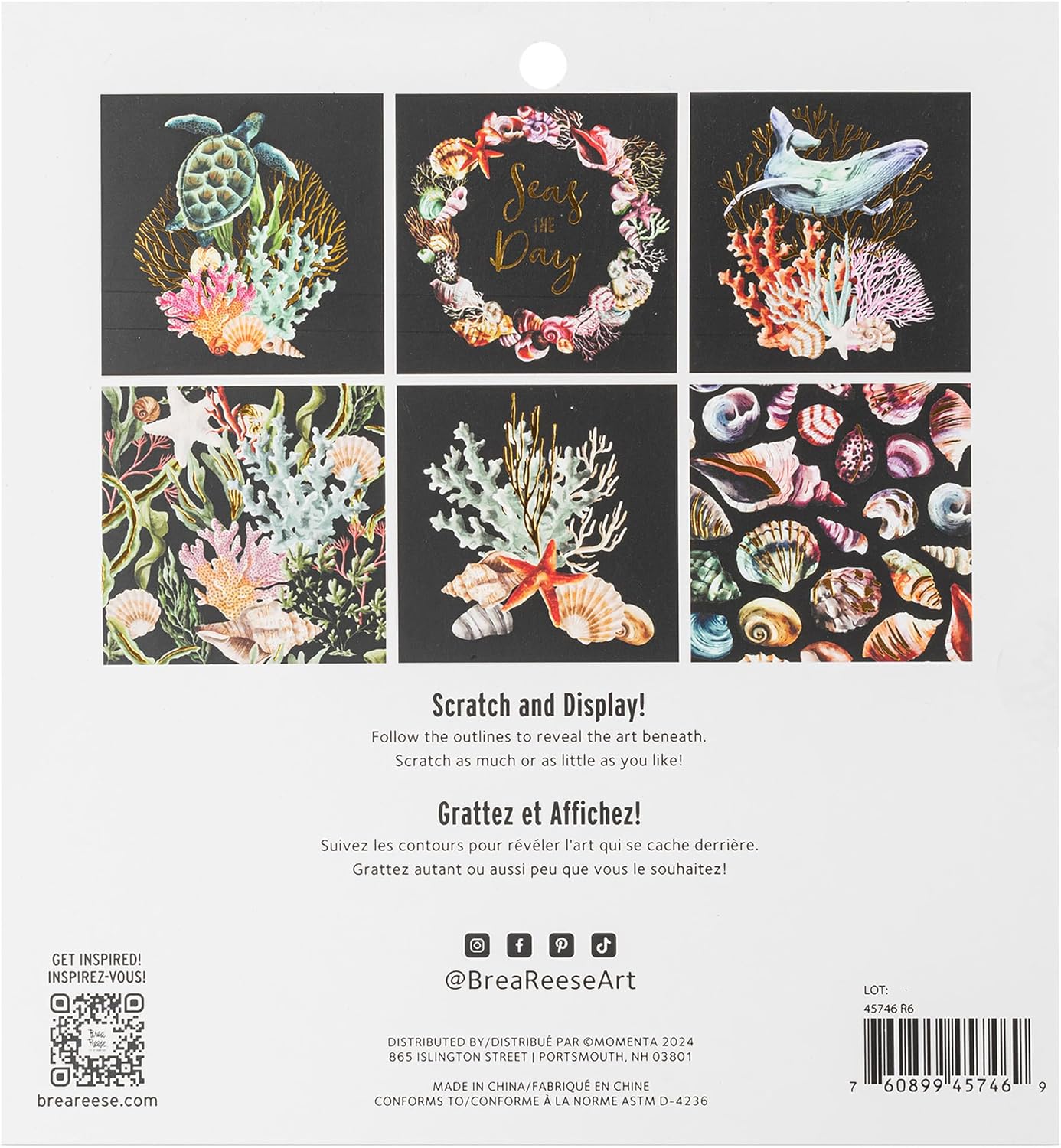 Brea Reese: Scratch Art Paper Pad - Under the Sea - 12 Sheets, 6 Guided Designs, Metallic Accents, Dual-Tip Stylus & Brush, 8x8 Pages, Adult Craft