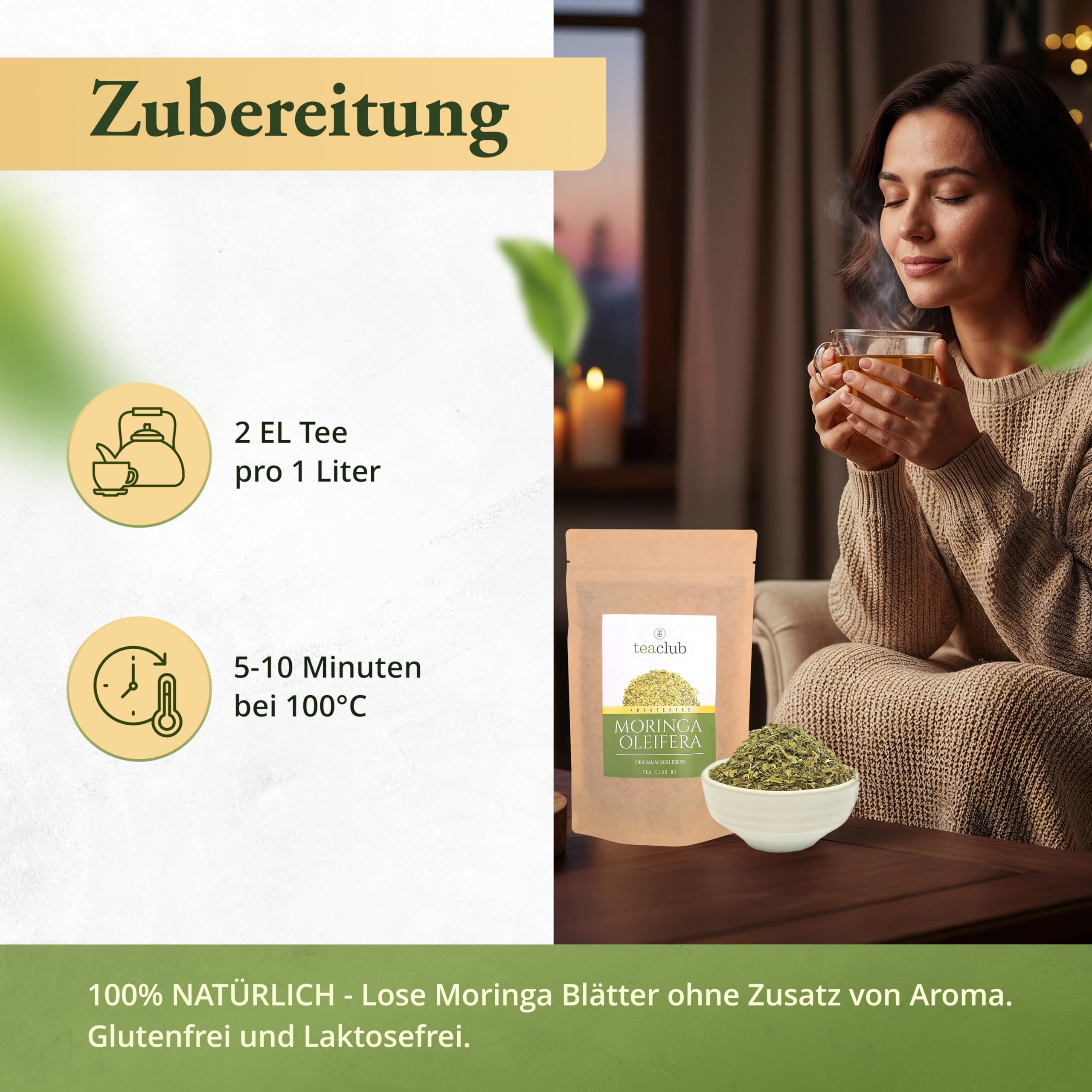 TeaClub Té de Moringa a Granel 500g – Hojas de Moringa Oleifera | Infusión sin cafeína de hojas de moringa oleifera, frescor vegetal, sin lactosa, bolsa doypack