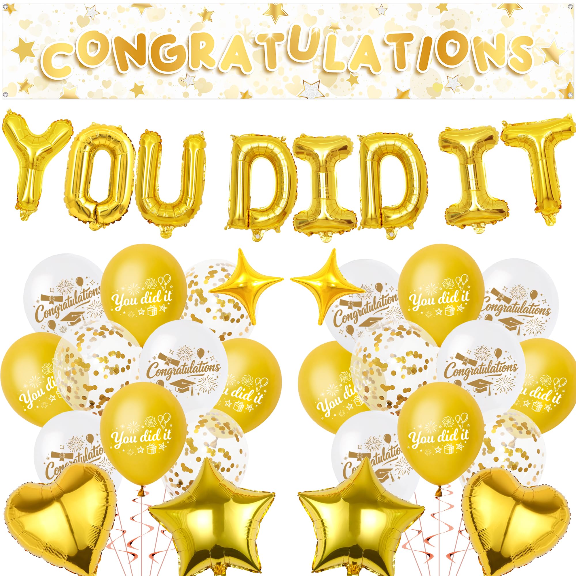 Congratulations Banner Graduation Party Decorations - Gold You Did It Balloons Well Done Decoration, Star Heart Foil and Latex Balloon for Retirement and Achievement Celebrations