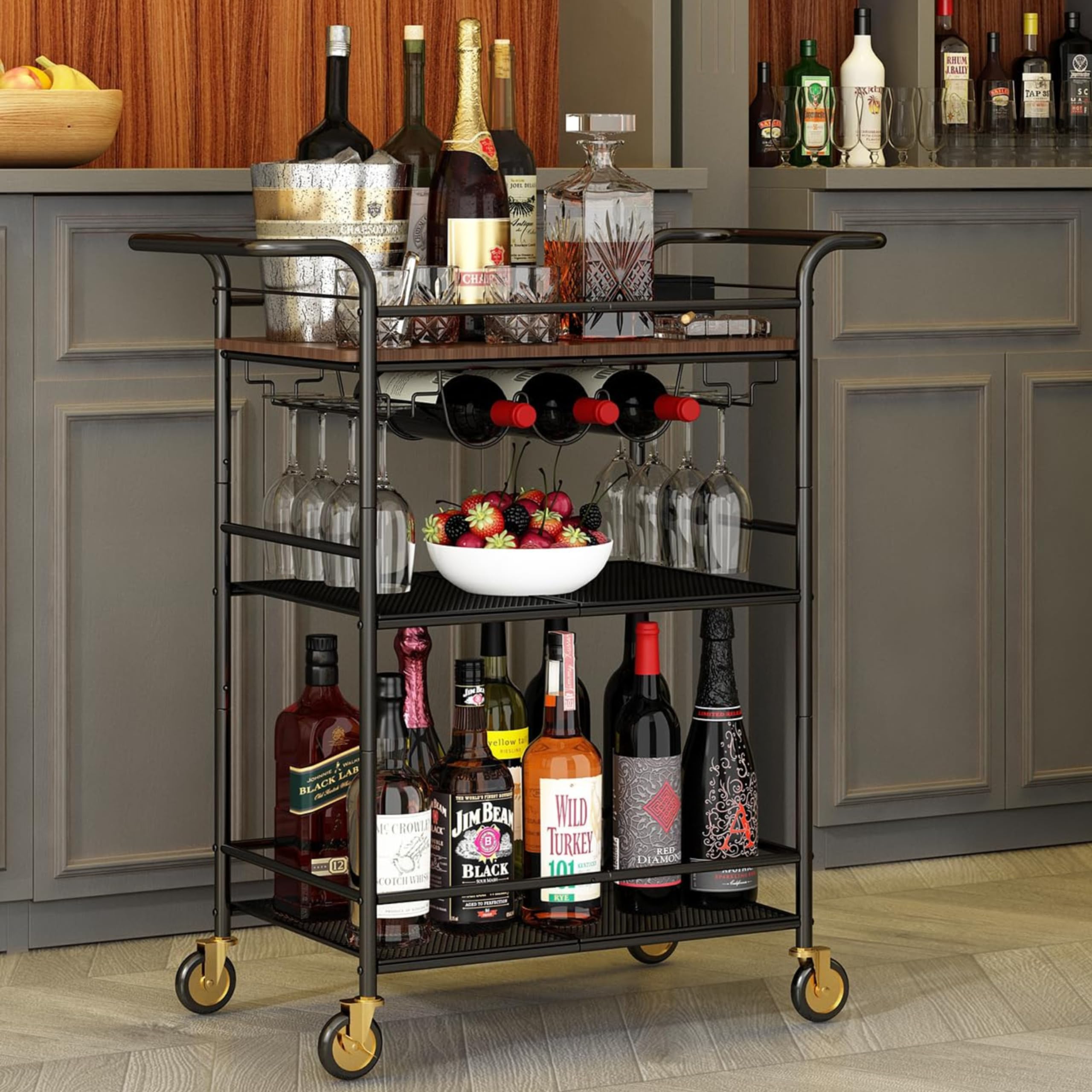 Wisdom Star 3 Tier Bar Cart with Wheels, Serving Cart with Wheels and 2 Handle, Outdoor Bar Cart for Home with Wine Rack and Glass Holder, Kitchen Serving Cart for Home, Dining Room, Party, Black