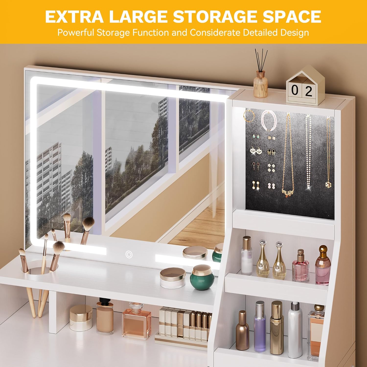 YITAHOME Vanity Desk with Mirror and Light, Makeup Vanity Set with Jewelry Organizer, Drawers, Cabinet and Lots Shelves, 3 Color Adjustable Lighting, Dressing Table for Bedroom, Dressing Room, White