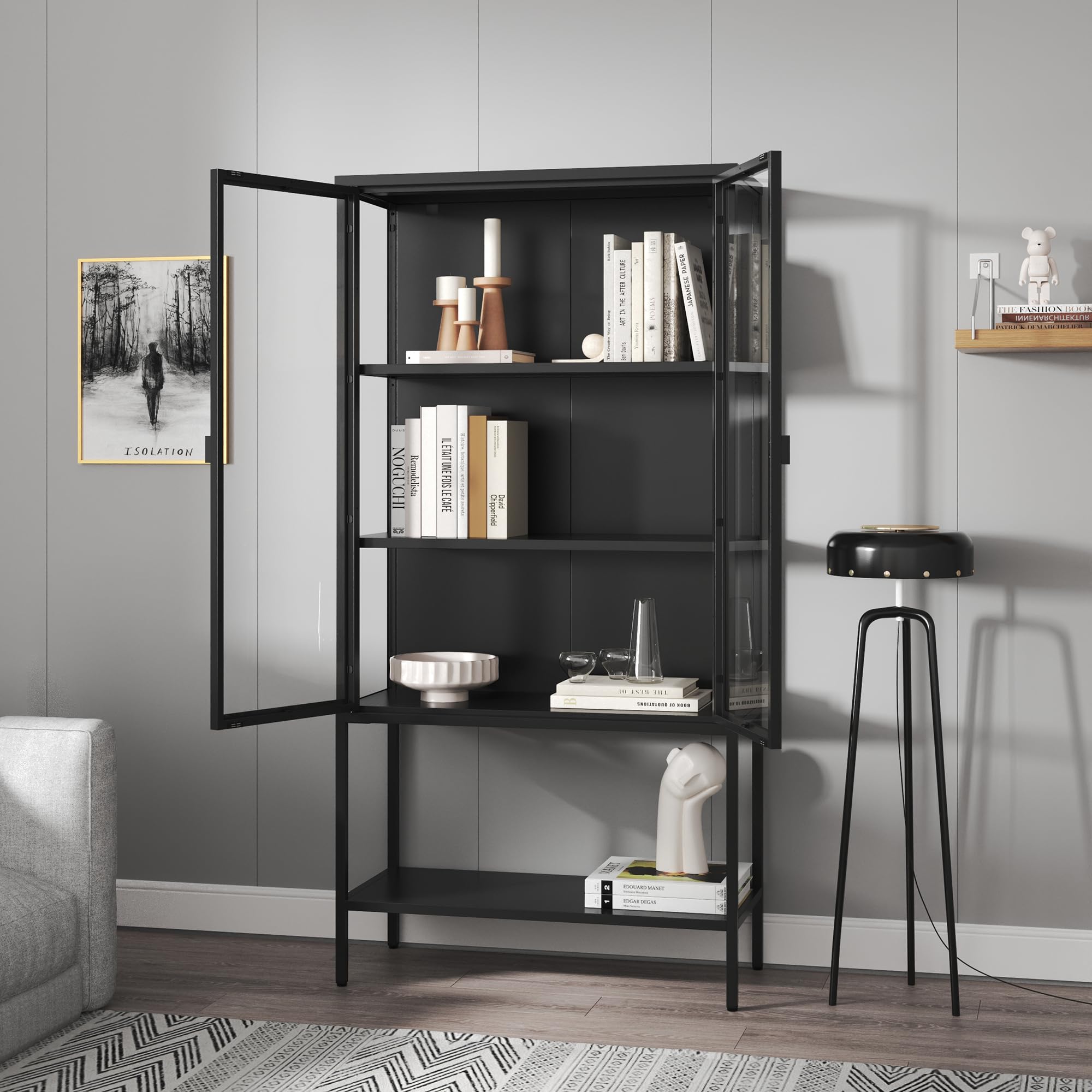 [en.casa] Vitrinenschrank Borshavisa Bücherschrank mit 3 Fächern untere Ablage 160 x 80 x 35 cm Küchenschrank mit 2 Glastüren Mehrzweckschrank Vitrine Metallschrank Schwarz