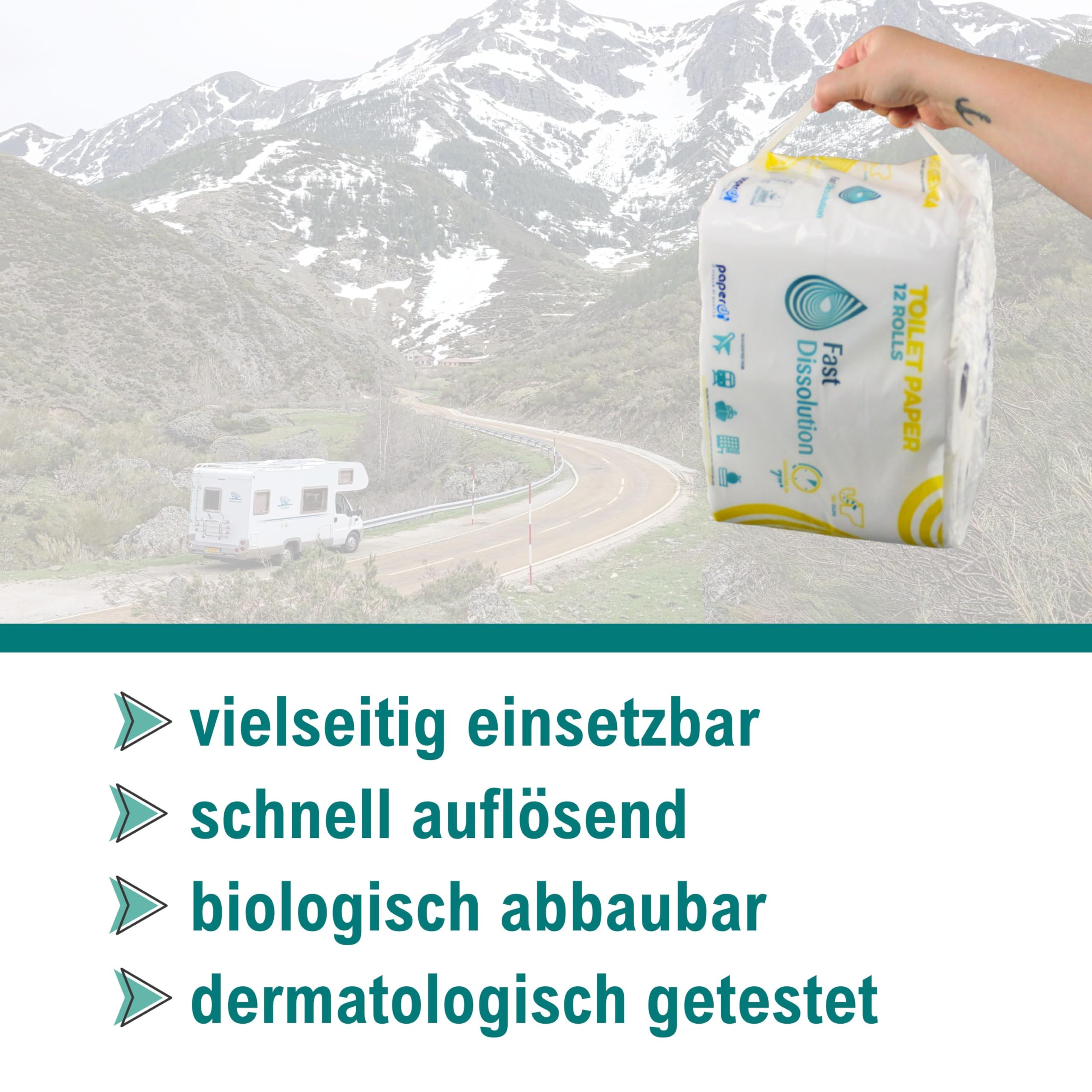 96 Rollen Selbstauflösendes Camping Toilettenpapier | 2-lagig | 165 Blatt/Rolle | Perfekt für Camping, öffentliche Einrichtungen & Wohnmobile | Lieferumfang 96 = 8 Beutel a 12 Rollen
