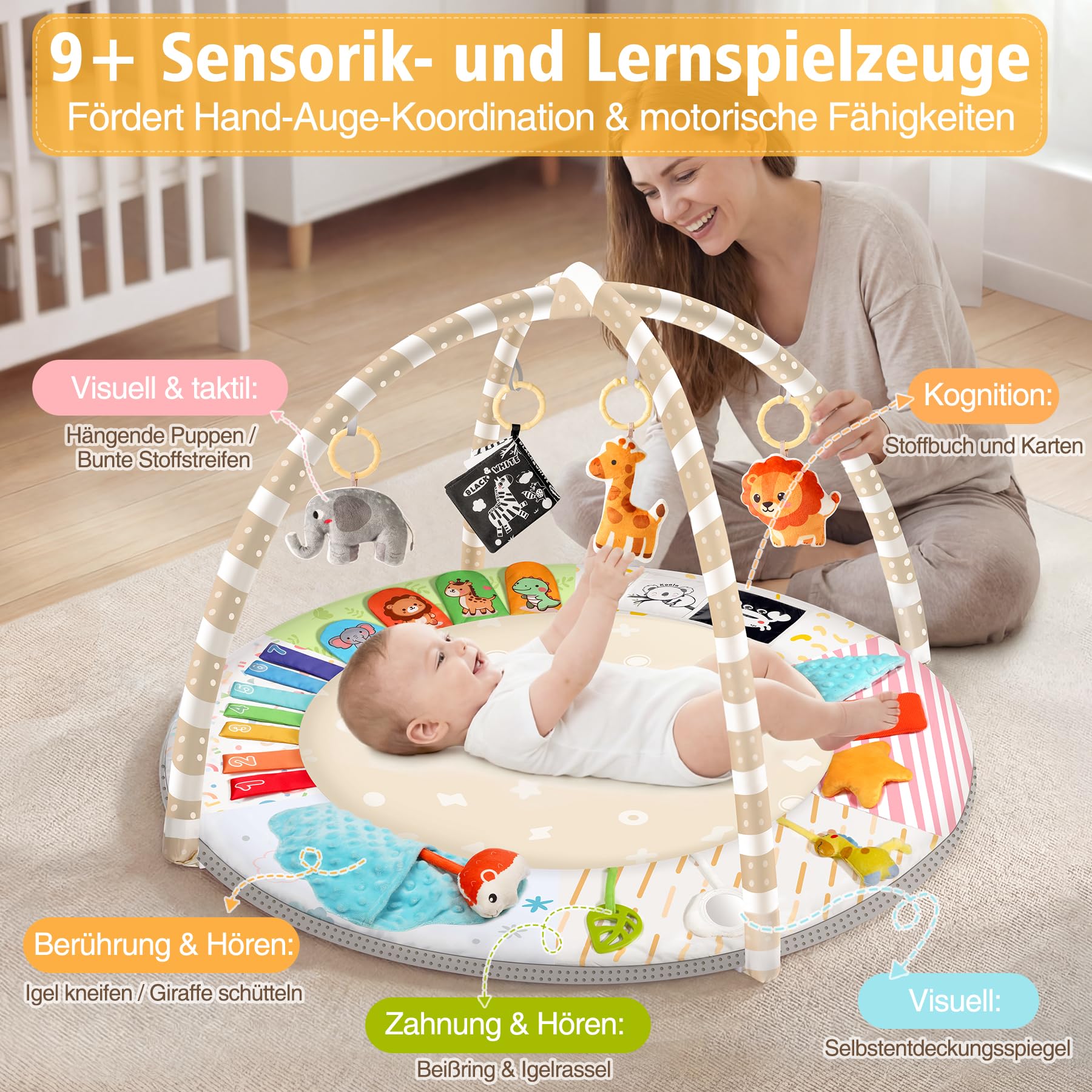 URMYWO Spielbogen Baby– Baby Krabbeldecke mit 5 abnehmbaren Spielzeugen zum Greifen - 6 Entwicklungsregionen – Spieldecke für Babys und Kinder ab 0+ Monaten – Krabbelmatte als Geschenk zur Geburt