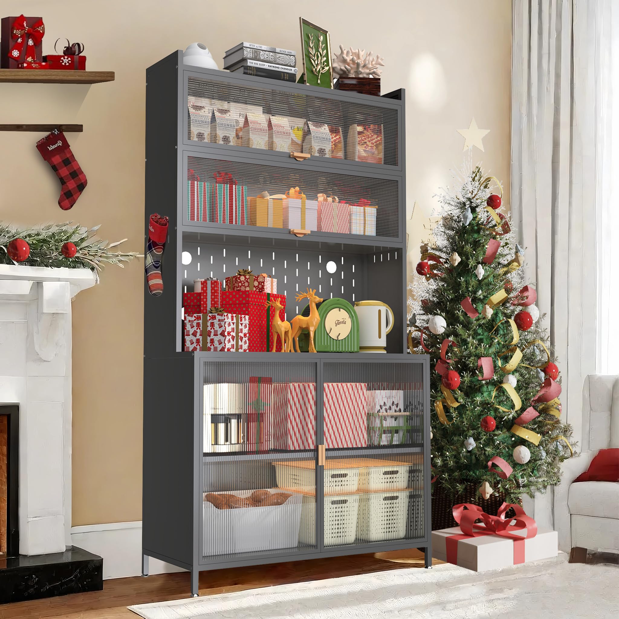 Ball &amp; Cast 73″Pantry Cabinet,Versatile Metal Storage Cabinet with Microwave Shelf,Pegboard Spacious, Adjustable Shelves Moden Kitchen Cabinet w/Anti-Tipping Safety for Kitchen,Dining Room,Grey