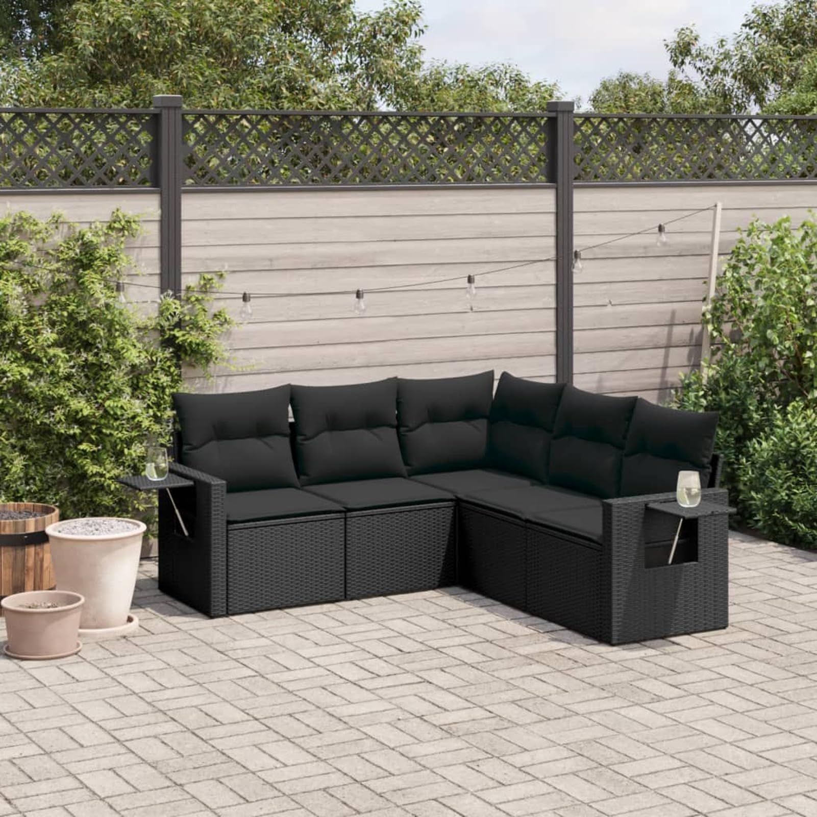 Zestaw mebli ogrodowych 5 szt. i poduszki czarny rattan, meble ogrodowe na zewnątrz, zestaw ogrodowy, Ogród Ogród, Ogród Sofa Zestaw Ogrodów, Ogród Meble ogrodowe - 3252482