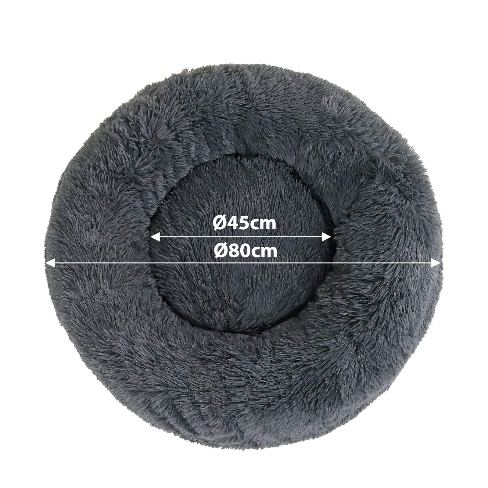 lionto Donutbett für Hunde und Katzen, Flauschiges Hundebett rund für kleine und große Heimtiere, Ø 80 cm, weiches Katzenbett aus kuscheligem Plüsch, Hundekissen mit extra Dicker Füllung, dunkelgrau