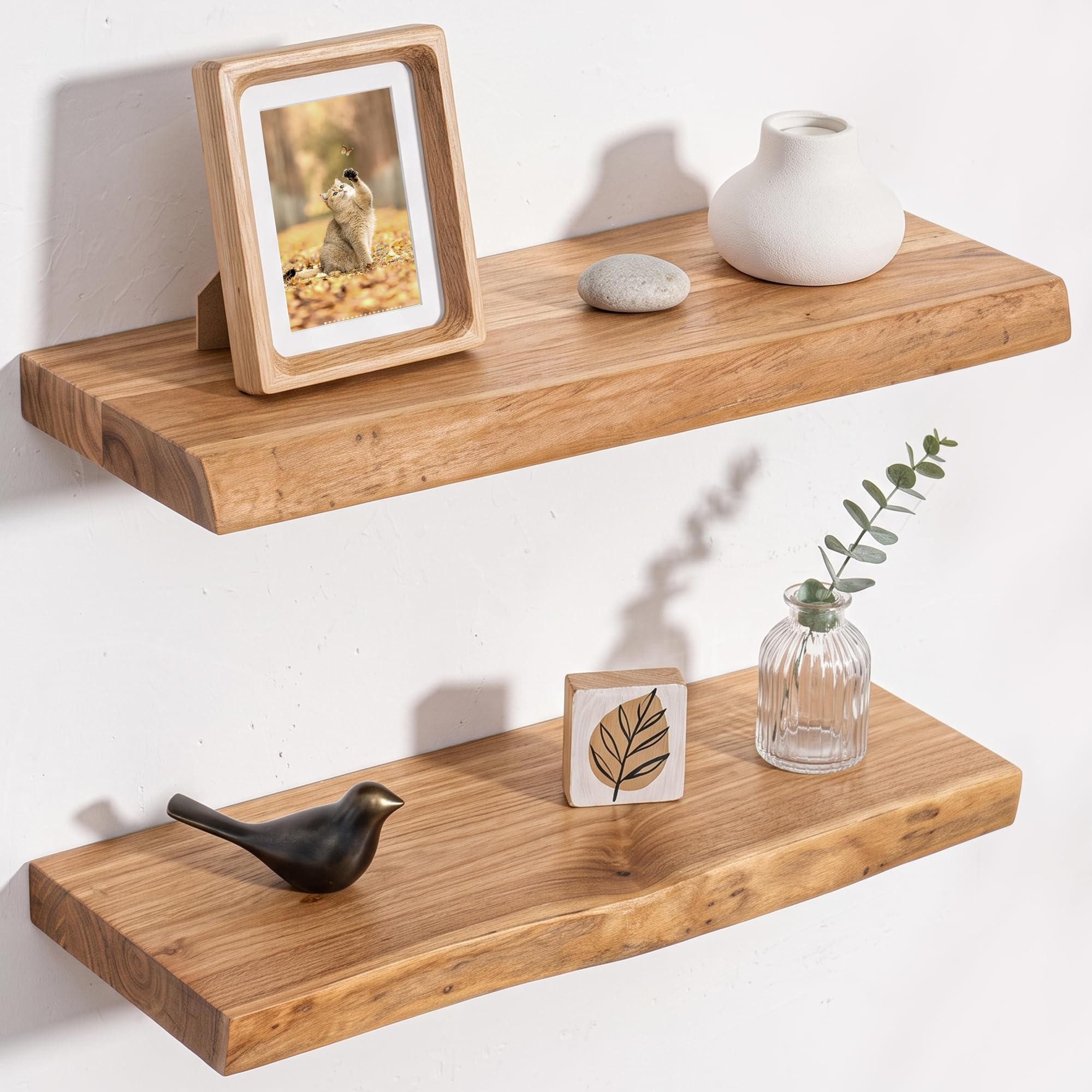 ELM - Estantes flotantes de madera, estante de pared de madera maciza con soporte invisible para sala de estar, dormitorio, baño, oficina, estantería rústica con grano natural, juego de 2 unidades, 40