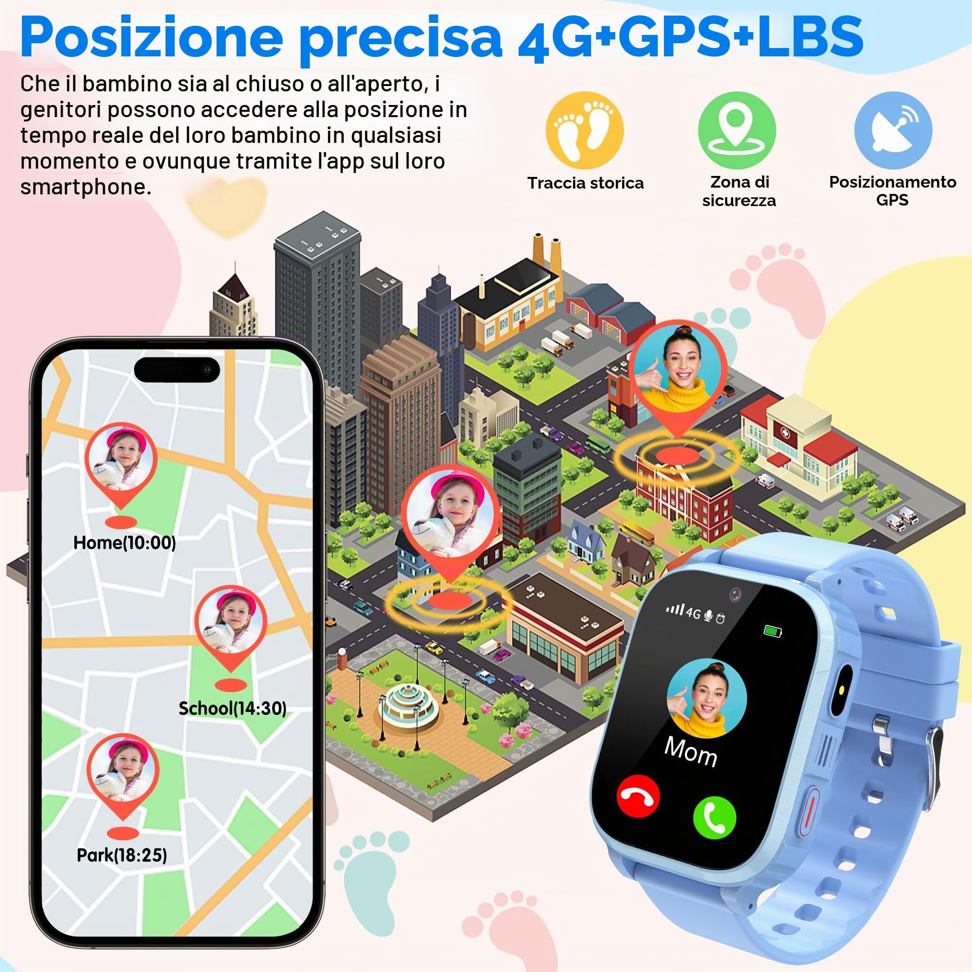 Smartwatch Bambini 4G GPS con SOS e Videochiamata HD, Impermeabile IP68 | Sveglia, giochi educativi, fotocamera, torcia e modalità scuola integrati. GPS preciso, zone sicure. Per 4-15 anni.