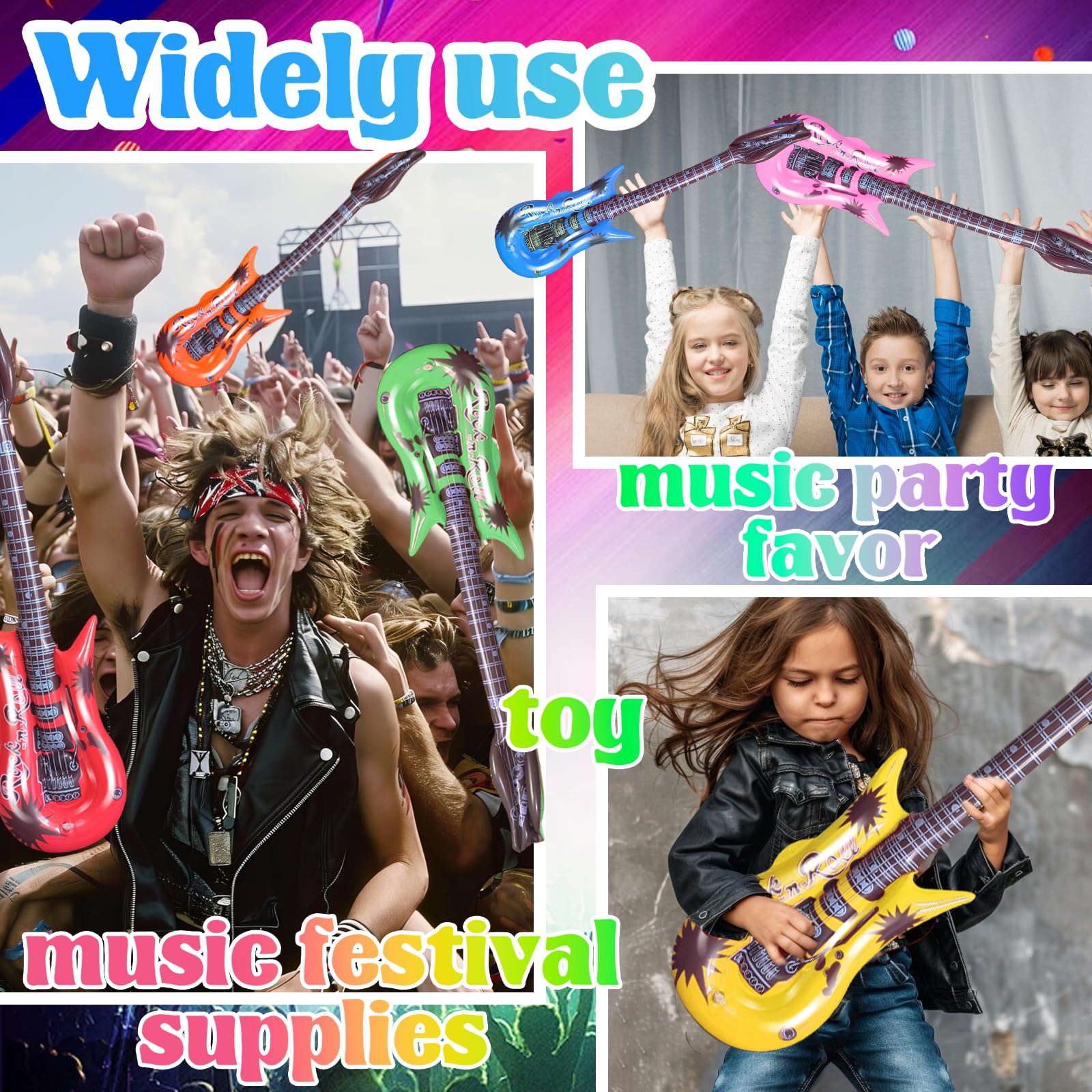 Pack De 6 Guitarras Inflables De 90 Cm – En 6 Estilos Y Colores, Para Fiestas Temáticas, Carnaval, Cumpleaños Y Fotos Divertidas