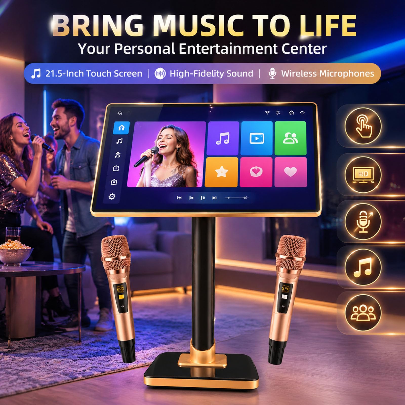Maszyna do karaoke, system karaoke, 21,5-calowy odtwarzacz z ekranem dotykowym z mikrofonami bezprzewodowymi, mikser pogłosu, pamięć 3 TB, pobieranie utworów w chmurze, obsługa aplikacji YouTube