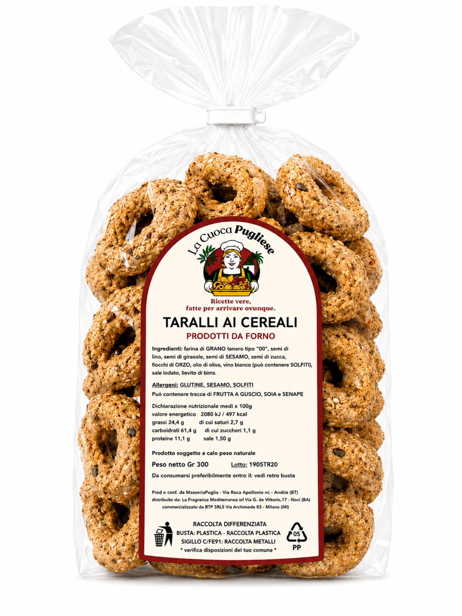 La Cuoca Pugliese - Taralli ai Cereali, taralli artigianali pugliesi croccanti con semi e cereali, snack salato mediterraneo, 10 confezioni da 300 g, specialità da forno pugliese