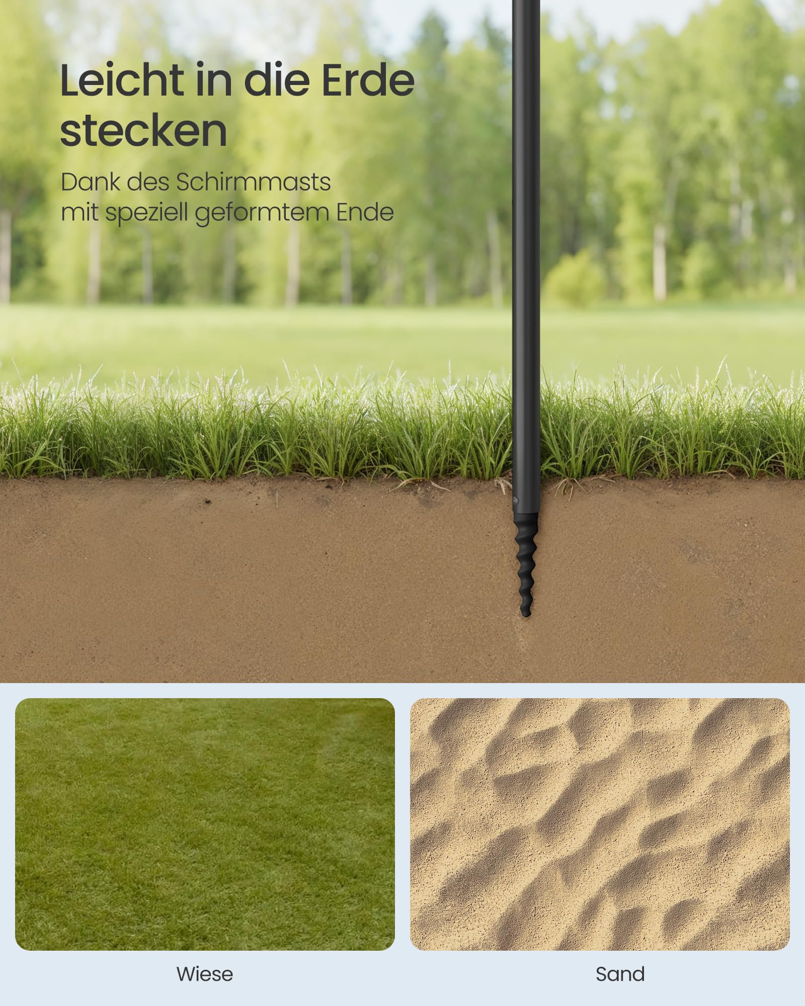SONGMICS Sonnenschirm 200 cm, Strandschirm, Sonnenschutz UPF 50+, beidseitig um 30° knickbar, höhenverstellbar, Ablagefläche, Haken, für Strand, Garten, ohne Ständer, blau GPU0082Q01