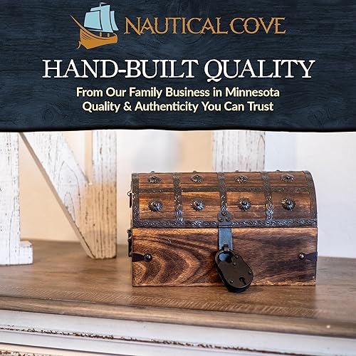 Miniatura 7 de Nautical Cove - Cofre del tesoro pirata con cerradura de hierro y llave de esqueleto, caja de almacenamiento de madera y decorativa (M, 11 x 6 x