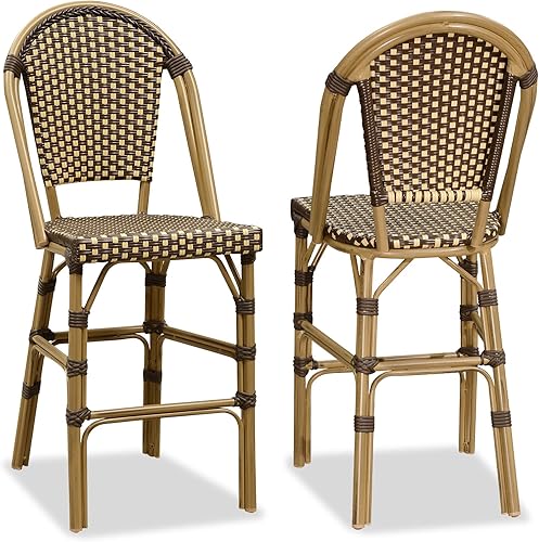 Miniatura 8 de PURPLE LEAF Juego de 2 sillas de bar de mimbre, estilo francés, acabado de bambú con respaldo de ratán, 30 pulgadas, con reposapiés, para isla de