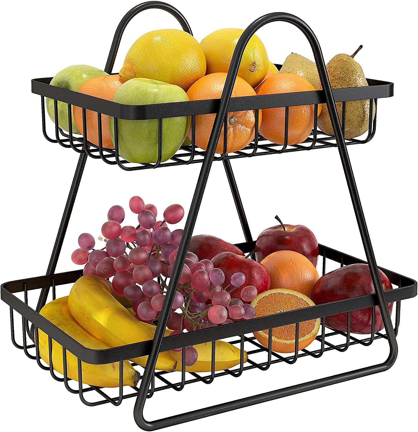 SHIOK DECOR Counter Top 2-Tier Fruit Basket for Kitchen Metal Fruit Bowl Bread Basket Vegetables Storage Organizer Holder- (Black)