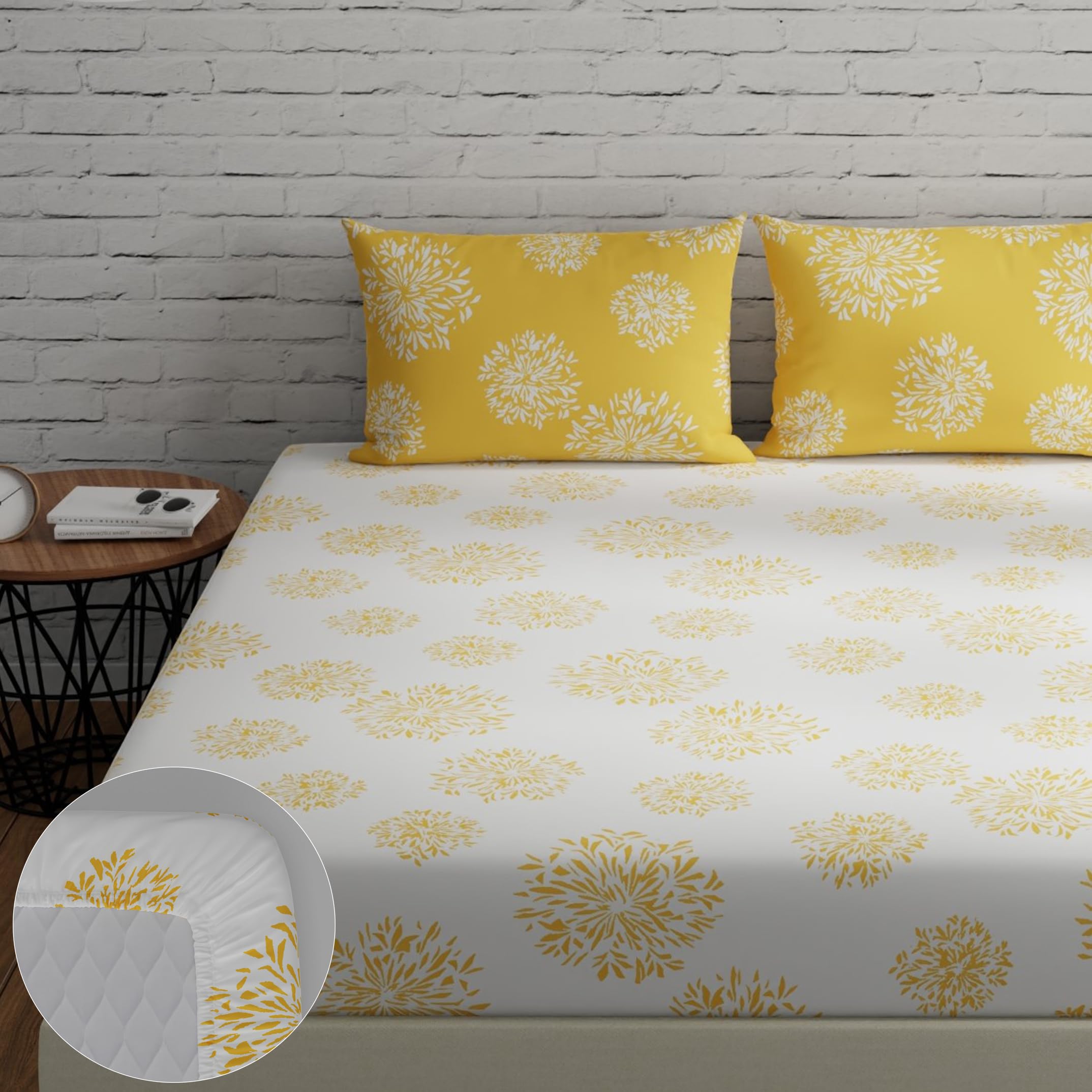 Huesland by Ahmedabad Cotton 144 TC Cotton Fitted Bedsheets King Size with 2 Pillow Covers | 6ft x 6.5ft | White & Yellow