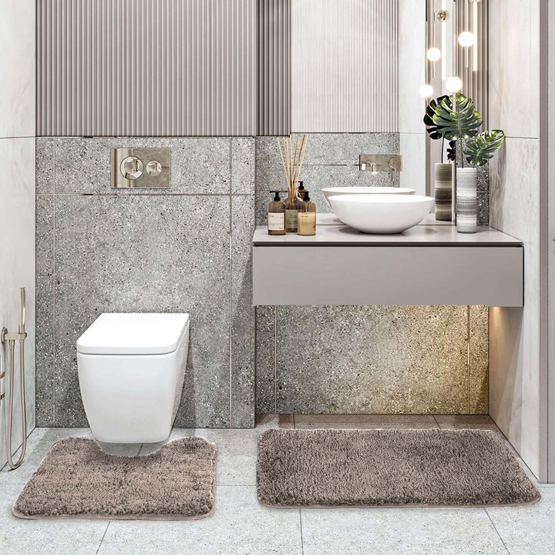 LUXE HOME INTERNATIONAL Polyester Contour Bath Mat – Washable, Anti Skid, Water Absorbent Contour Mats for Bathroom, Toilet, Wash Basin & Bathroom Contour Mat Set (Taupe, 45x 75 cm & 40x45)