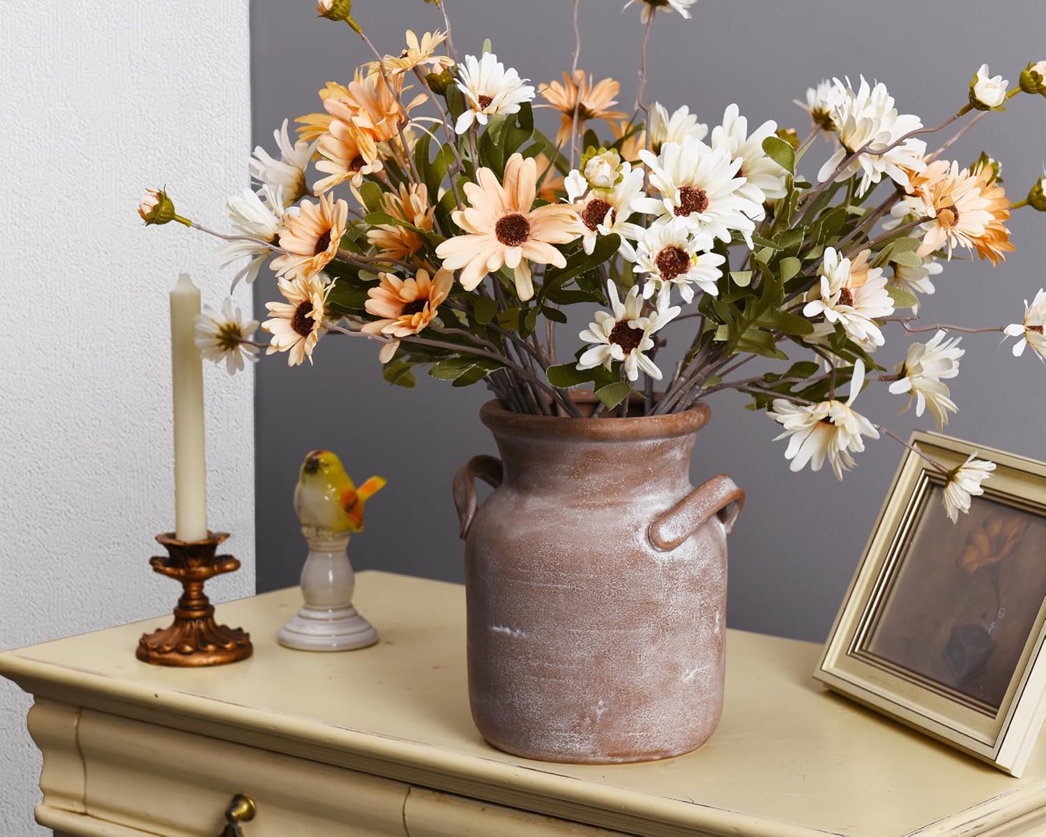 Quoowiit Ceramic Rustic Farmhouse Vase, Distressed Decorative Flower Vases for Home Decor, Ideal Shelf Decor, Brown Boho Vase for Living Room Bedroom Kitchen Office Decor Centerpiece Table Decorations - Image 6