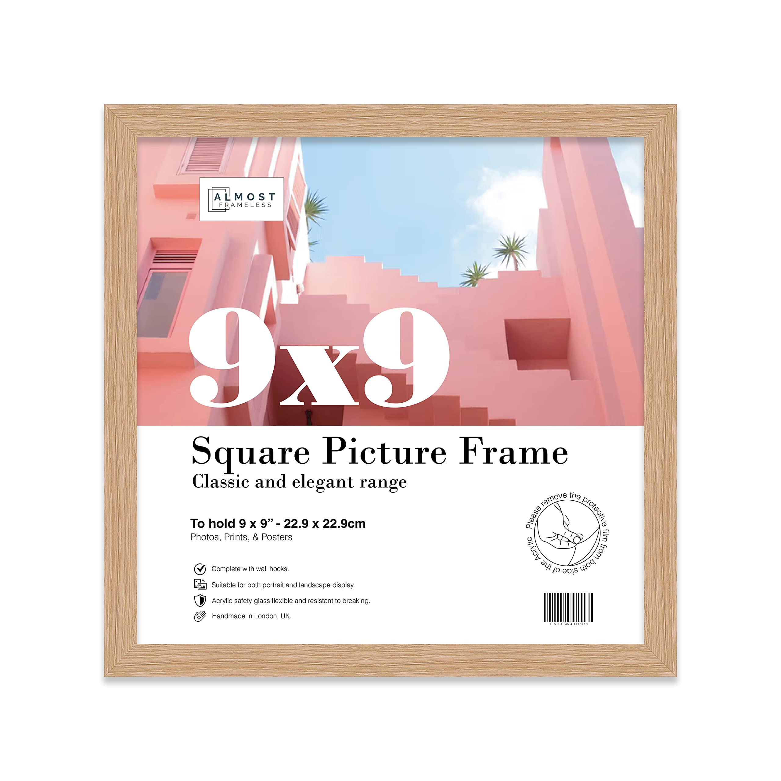 Almost Frameless 9x9 Oak Picture Frame 9"x9" (22.9x22.9cm) Poster, Photo, Artwork, or Print. Thin Edge Slim Frame Portrait and Landscape Display with Wall Hooks