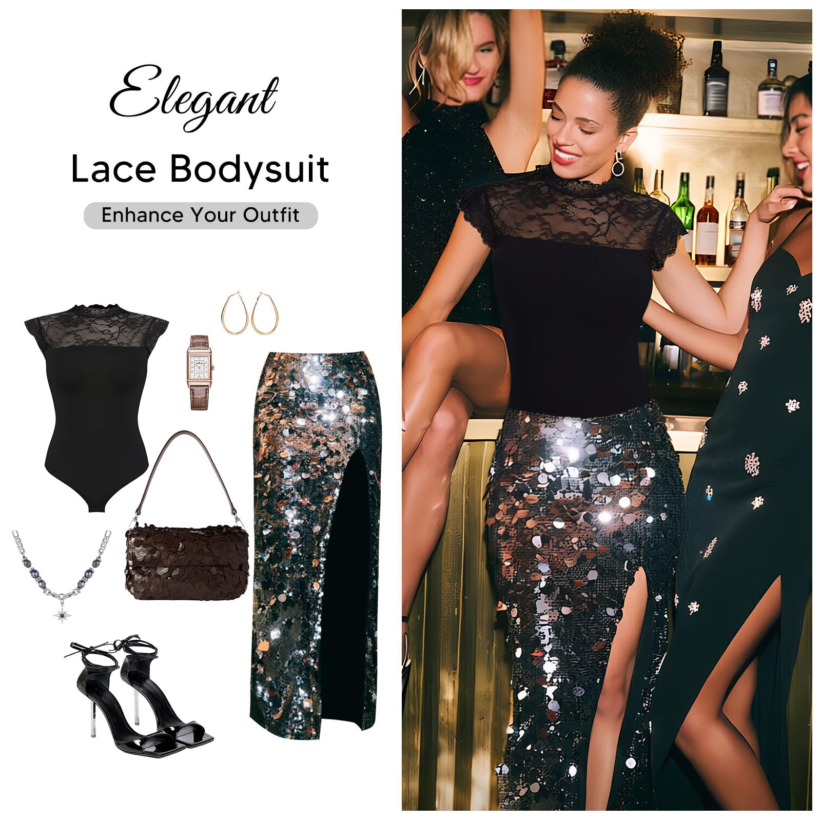 Joyshaper Body da donna in pizzo, elegante, con colletto alto, con volant, a maniche corte, camicetta leopardata