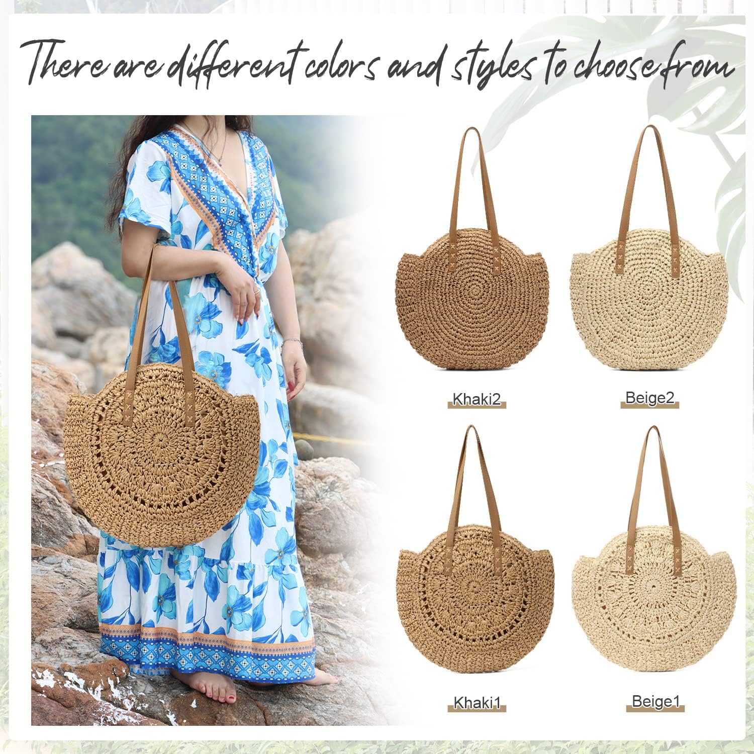 Women Straw Bag Round Handwoven Summer Beach Tote Bag Natural Chic Vacation Shoulder bag
