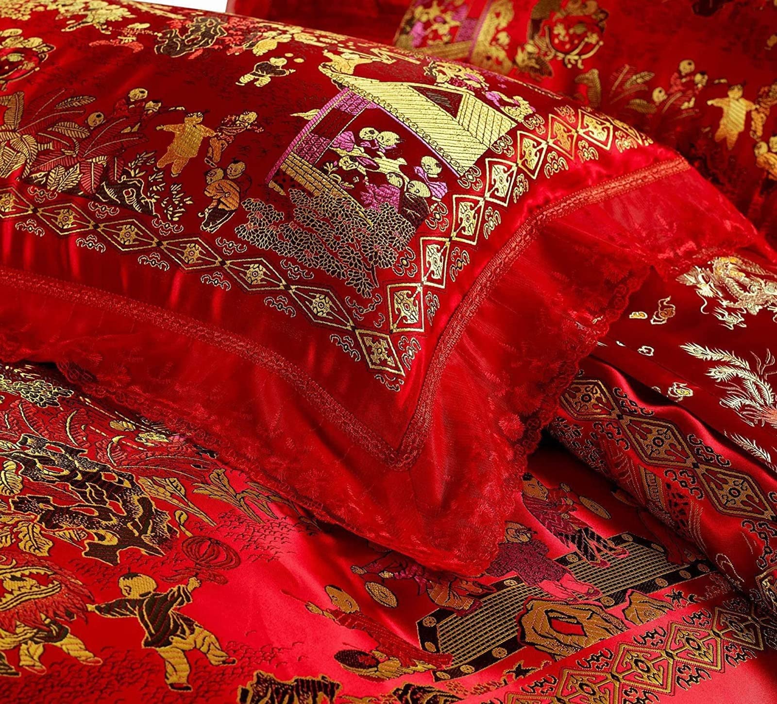 Amazon｜中国の伝統的な龍と鳳凰の羽毛布団カバーセット、中国風の寝具