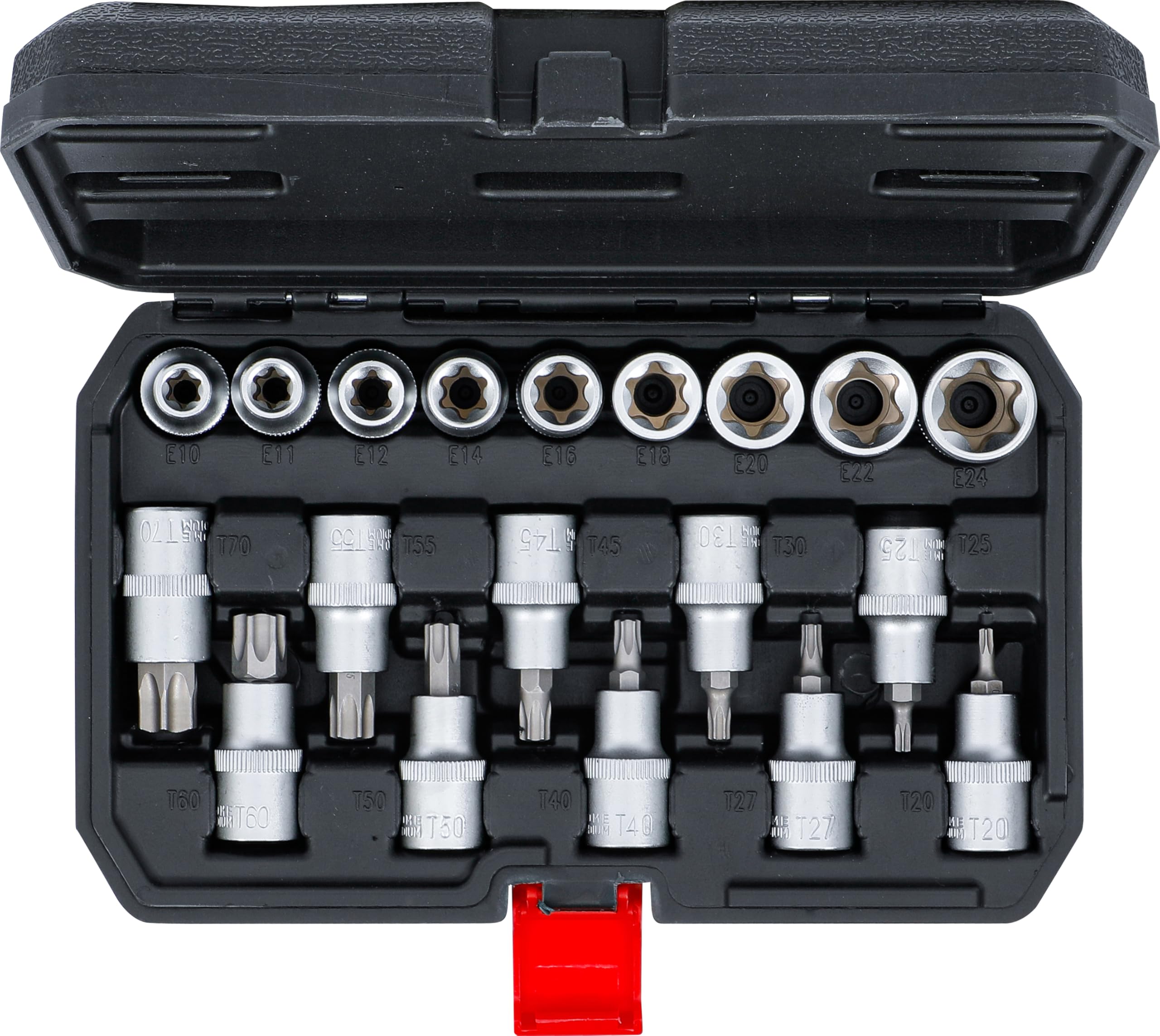BGS Diy 95100 | Jeu d’embouts/de douilles | 12,5 mm (1/2") | profil en T (pour Torx) / Profil E | 19 pièces