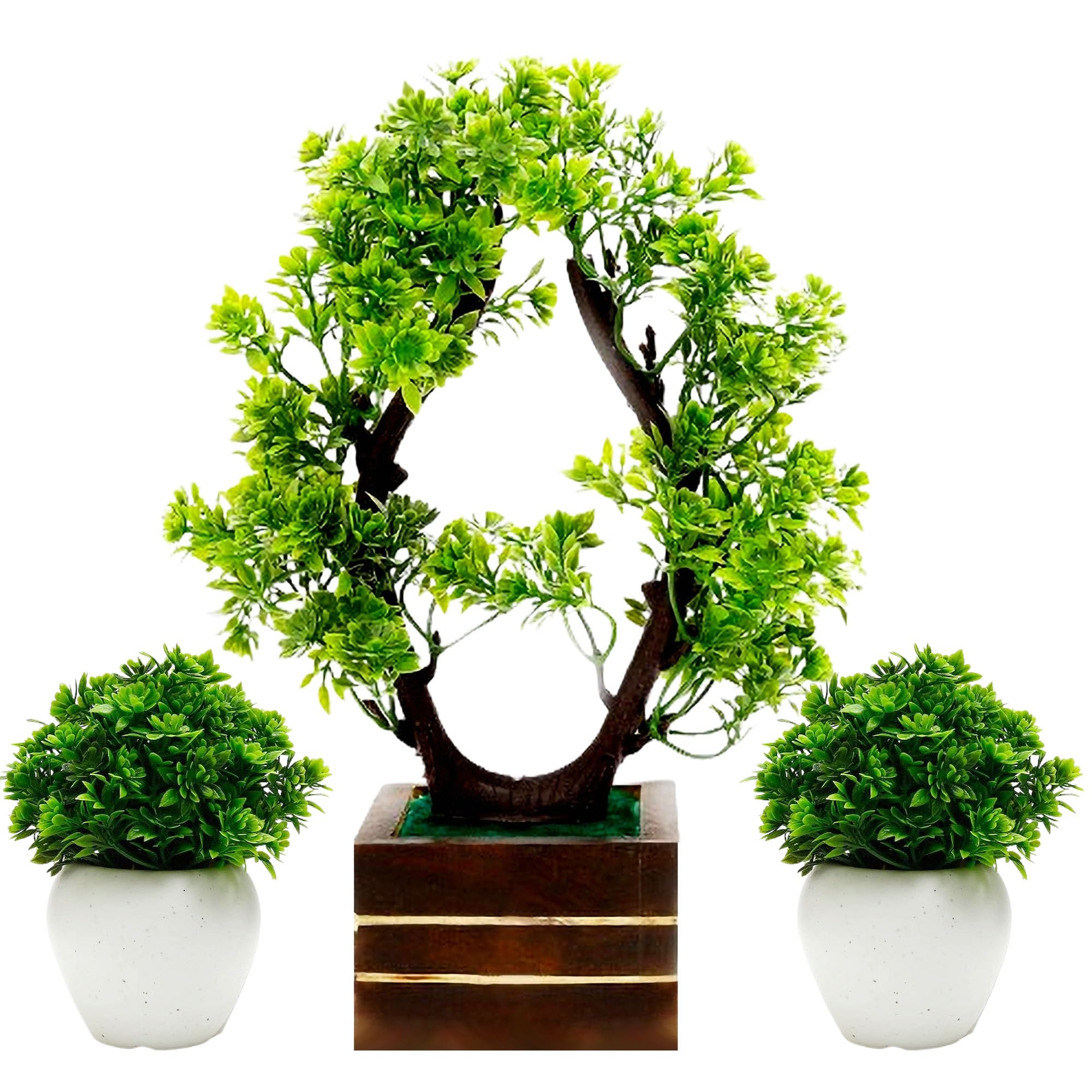 (Set of 3) Artificial Bonsai Tree 26 cm for Home Decoration Realistic Looks with 2 Small Green Flowers pots 19 cm for Livingroom Bedroom Office Table Kitchen Indoor & Outdoor Balcony