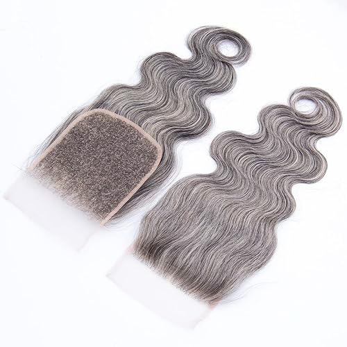 Cierre de encaje ondulado de 5 x 5, cabello humano brasileño color gris sal y pimienta, transparente HD 5x5, cierre de encaje prearrancado con