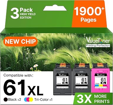Valuetoner 61XL Ink Cartridges 3-Pack Replacement for HP Ink 61 XL2 Black 1 Color 61xl Ink cartridges for hp Printers Envy 4500 4502 5530 Officejet 4630 2620 4635 Deskjet 2540 2512 3510 3050