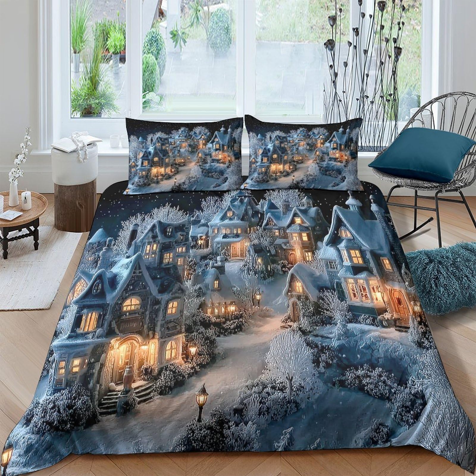 Ctjqhvkz Style-6 3D Printed Snowy Village Fitted Sheet Microfiber Cozy Winter Night Bed Cover For Bedroom Dorm Mattress Protection Decor Single（135X200cm）