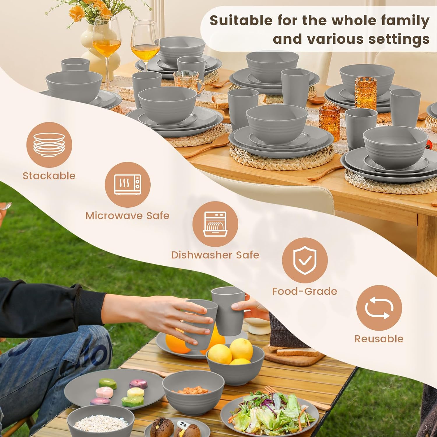 Homienly 40-Piece Wheat Straw Dinnerware Sets, Non Breakable Dinnerware, Cups, Plates and Bowls Sets for 8 - Microwave Dishwasher Freezer Safe, Grey