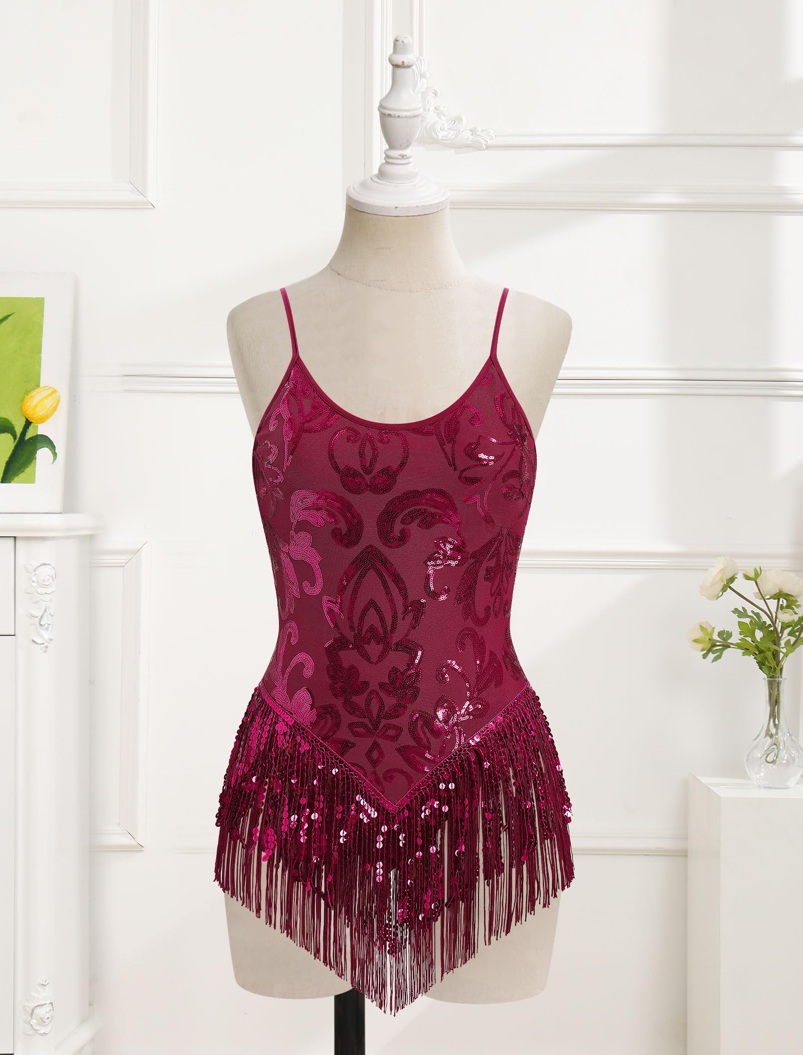 IBAKOM Women Sexy Sequins Fringe Bodysuit Sparkly Tassel Latin Jazz Dance Acrobat Costume Adult Trapeze Artist Rave Outfits: Wine Red Large